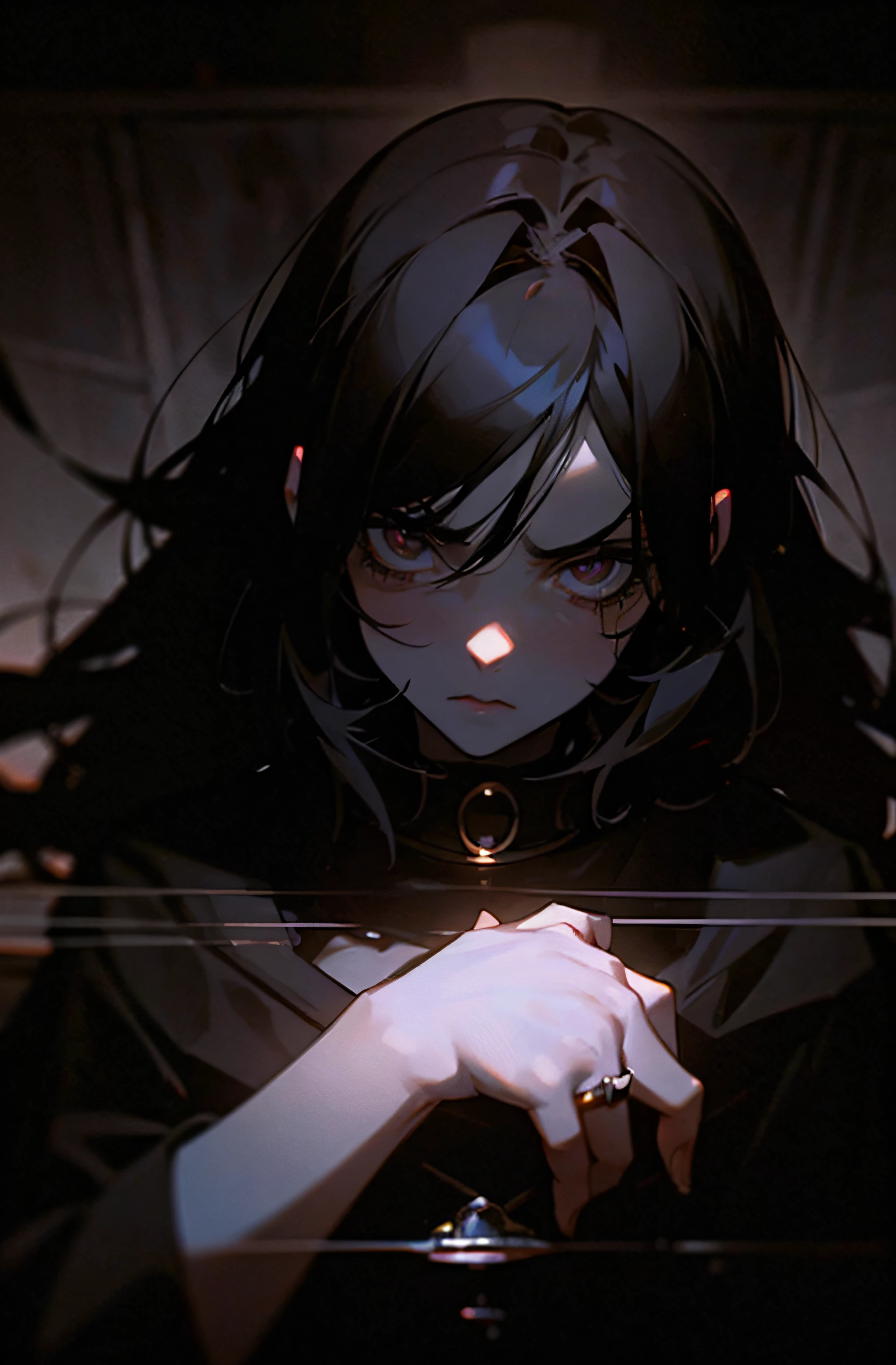 Dramatic lighting, dark colors and atmosphere, gloomy anime girl portait, Kubrick Stare at camera, ring lights