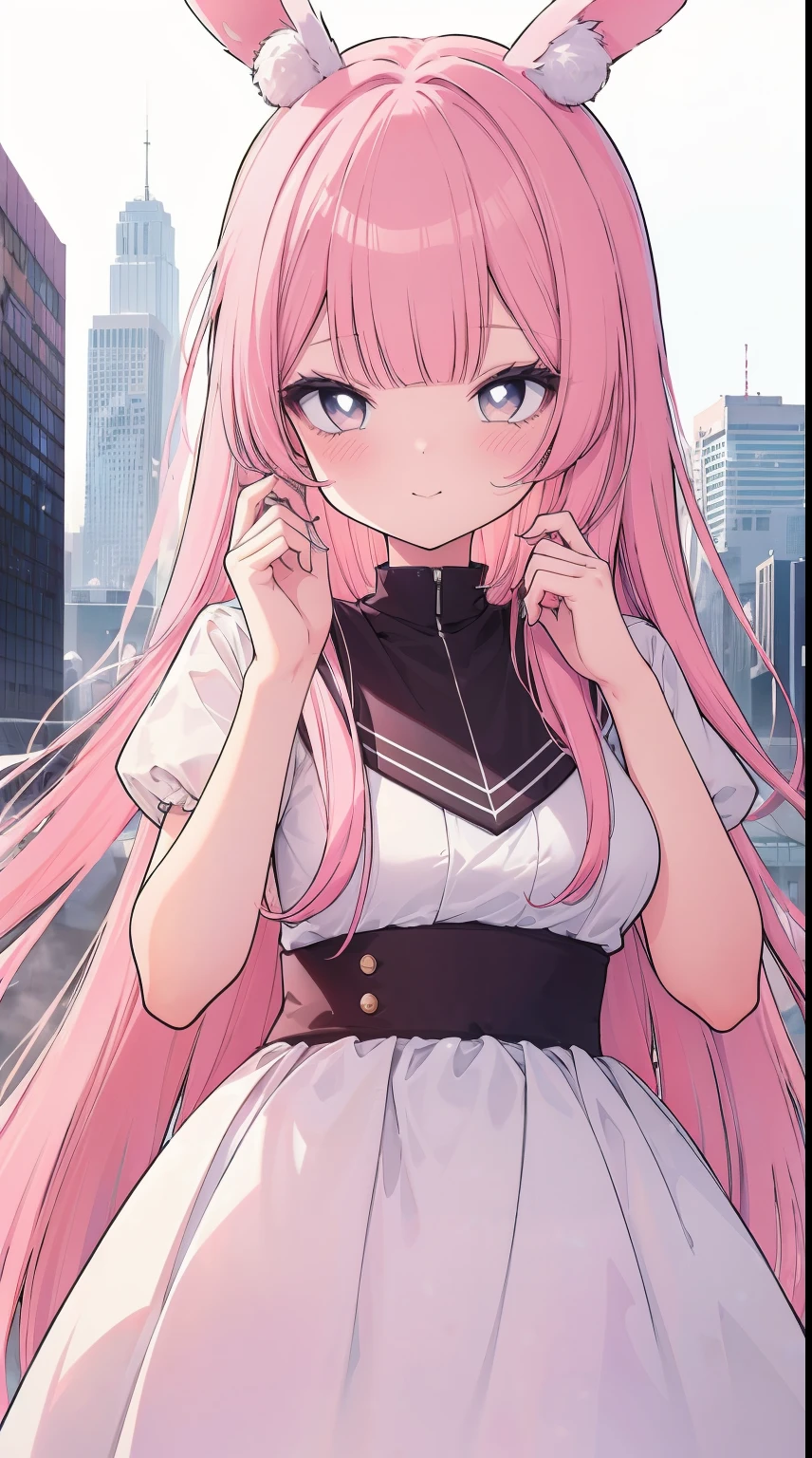 (masterpiece), best quality, (gentle smile), rabbit girl, (rabbit ears:1.2), (long pastel pink hair:1.2), (hair bangs), (hair hiding ears), (hazel eyes:1.2), (fluffy rabbit tail), (wearing modern clothing), (soft smile), city background