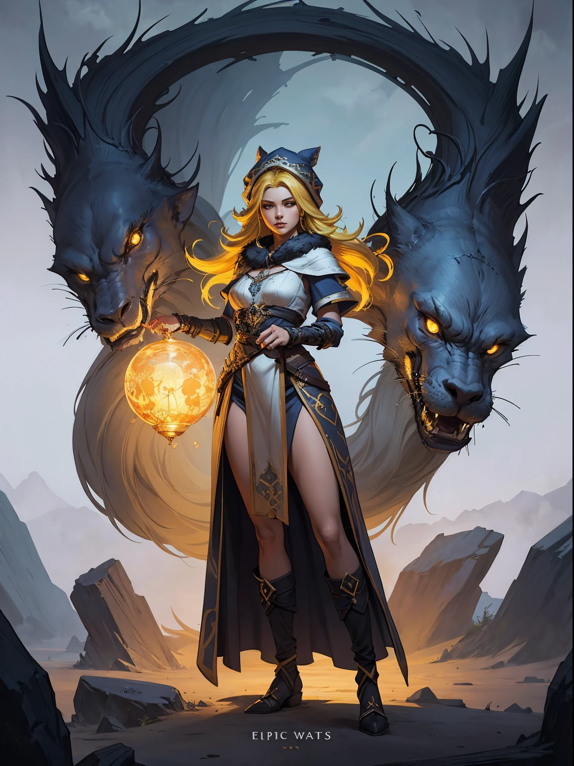 wearing fluffy clothing、Wearing a fluffy hat、Young woman with yellow hair, Fantasy character art, Great character art, Epic fantasy character art, HD fantasy art, Epic and beautiful character art, realistic fantasy art, Fantasy woman, Epic fantasy art style HD, Fantasy characters, Digital fantasy art), fantasy style art, detailed fantasy art, High quality fantasy art, Fantasy costumes, Digital 2D Fantasy Art
