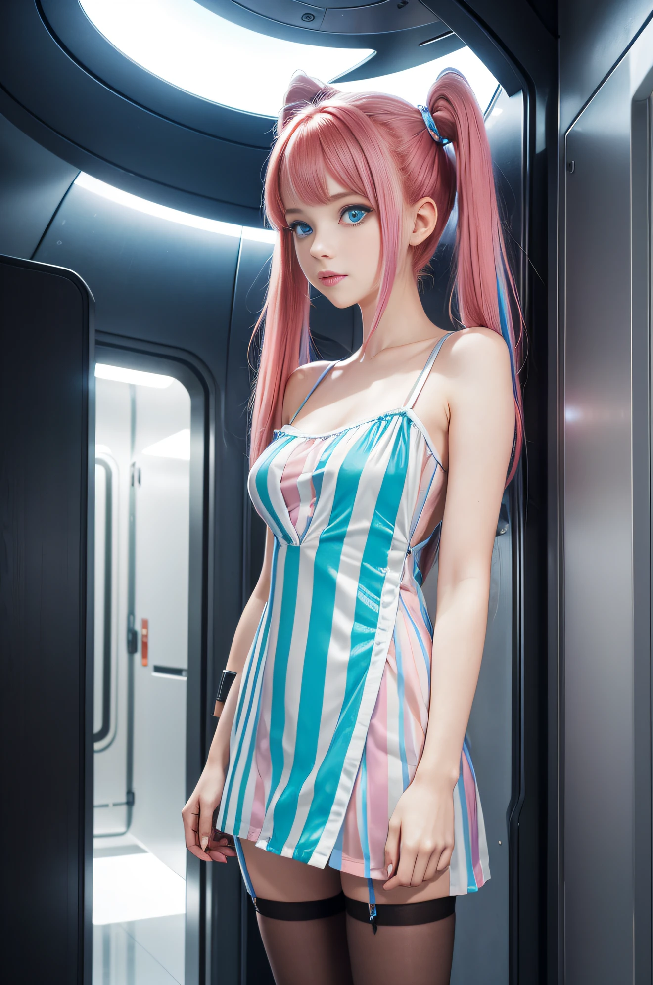 cute redhead with rainbow colored hair tips, ribbons in her hair, 18-year-old woman, happy, in twin tails, perfect symmetrical eyes, clear sparkling blue eyes, pale skin, silky smooth skin, standing on a fancy metal luxurious space ship, futuristic corridor, dark warm lighting, wearing a futuristic (sheer) chemise over tank top and a pleated (chemise) mini dress (pastel colors, and stripes), wearing full body pantyhose, cute short cut booties.