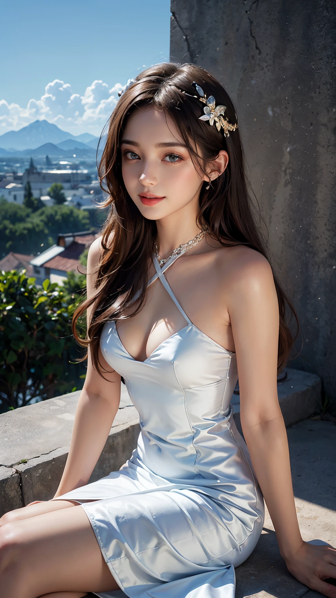 8K ultra hd, masterpiece, Best quality, 1 girl, beautiful face, cute smile, very long hair, hair ornaments, detailed eyes, small breasts, very beautiful dress, white dress, sky white lace, criss-cross strap dress, jewelry, clouds and mountain background, high resolution, Dramatic lighting, blurred foreground, sitting,