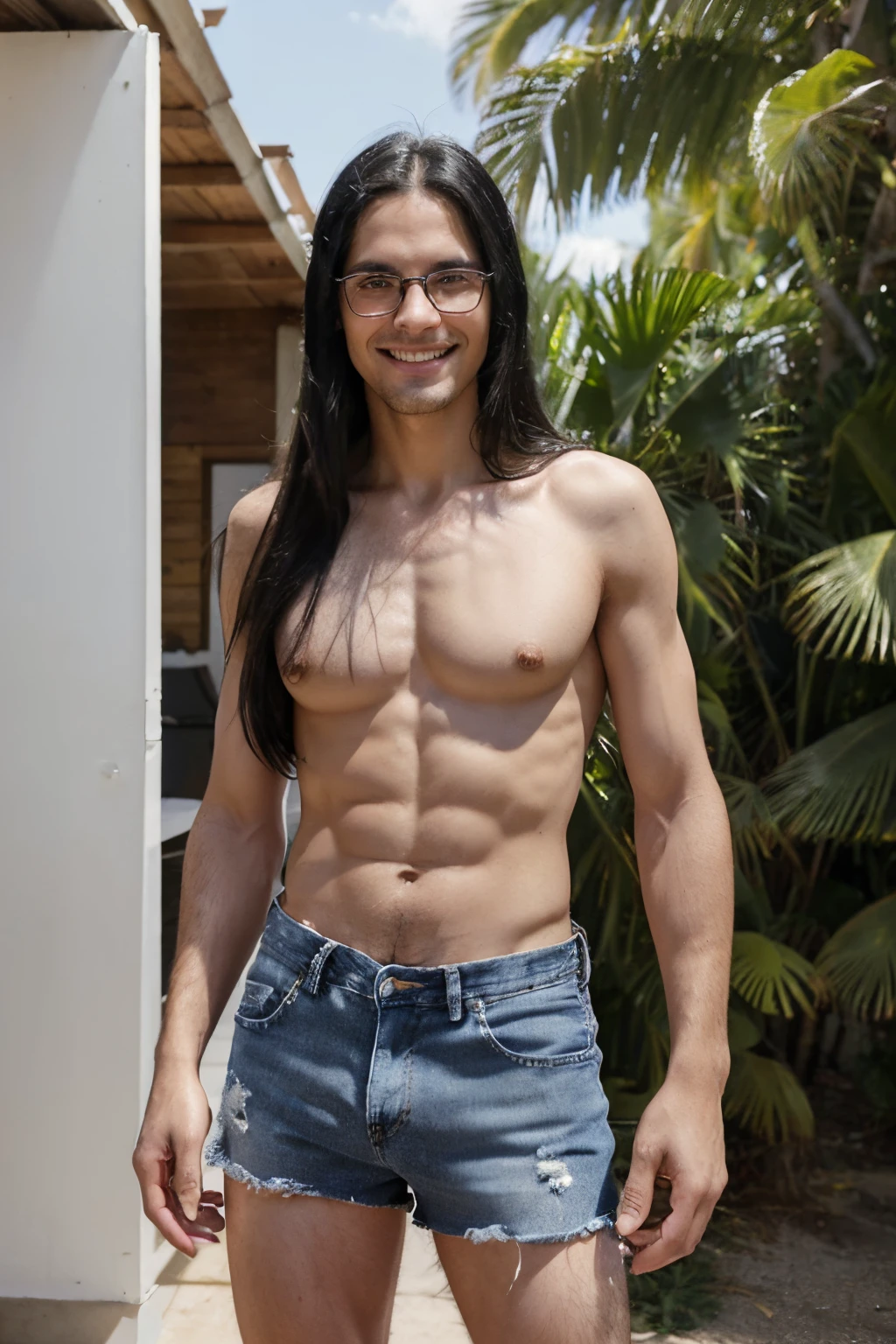 (adult male aged 8) (slim body), ((black hair)) (long straight hair) (blue eyes) (white skin) expression smile, happy, confident look, penetrating look. full body, western face, (smiling face) standing, day. ((standing)) front view (looking at the viewer)((no shirt, jean shorts))((glasses))((1970)) hippie. child