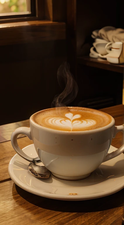 there a cup of coffee on a saucer on a table, hot coffee, cup of coffee, morning coffee, coffee cup, coffee, huge cup of coffee, hot cocoa drink, cappuccino, drinking a cup of coffee, morning, steaming coffee, hard morning light, with a cup of hot chocolate, sitting on a mocha-colored table, morning golden hour