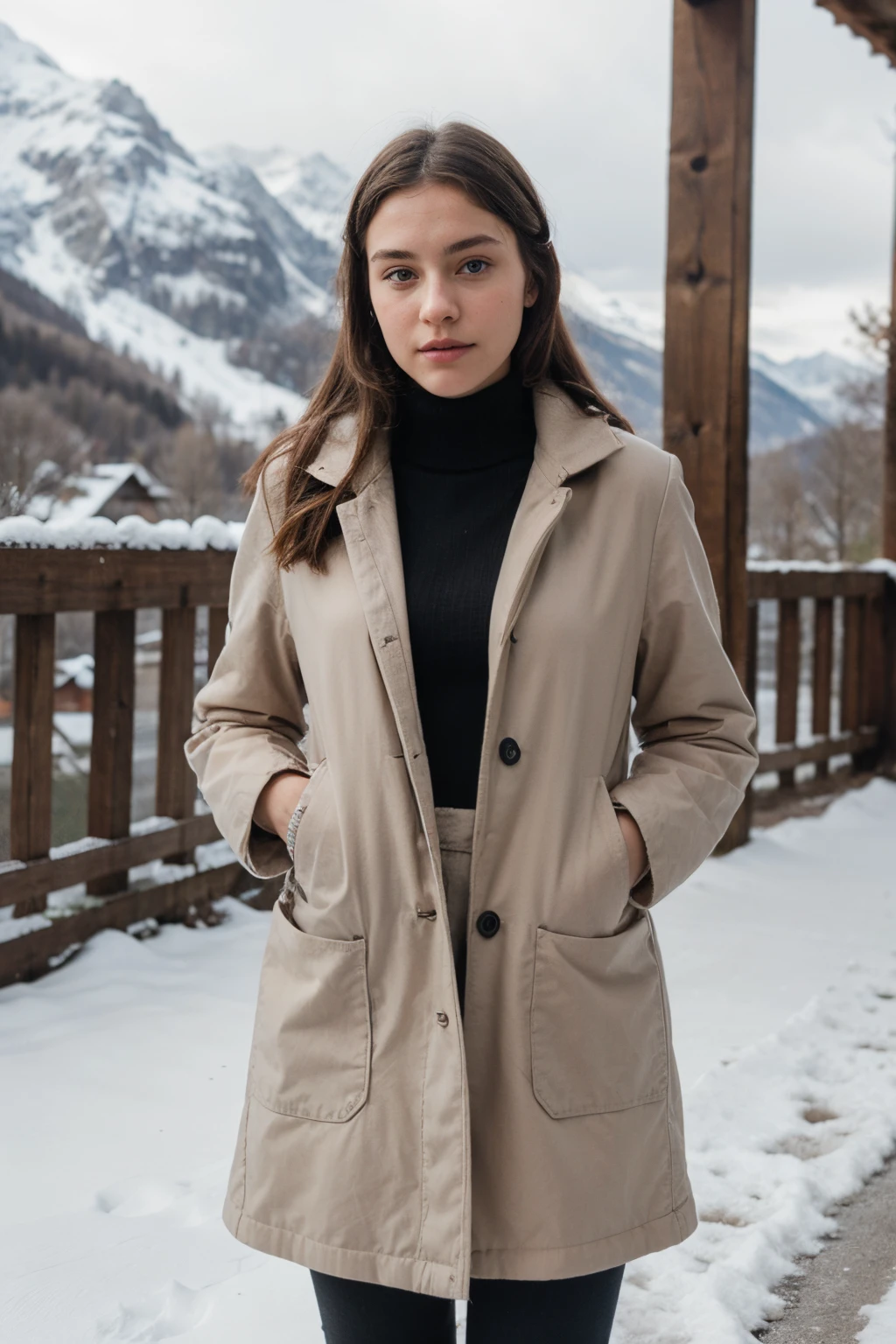 photography of a 20yo woman, perfect face, masterpiece, same face, from, no brand, switzerland background, head to the left, big mantle, full body, winter style, fully dressed, hands completely in pocket