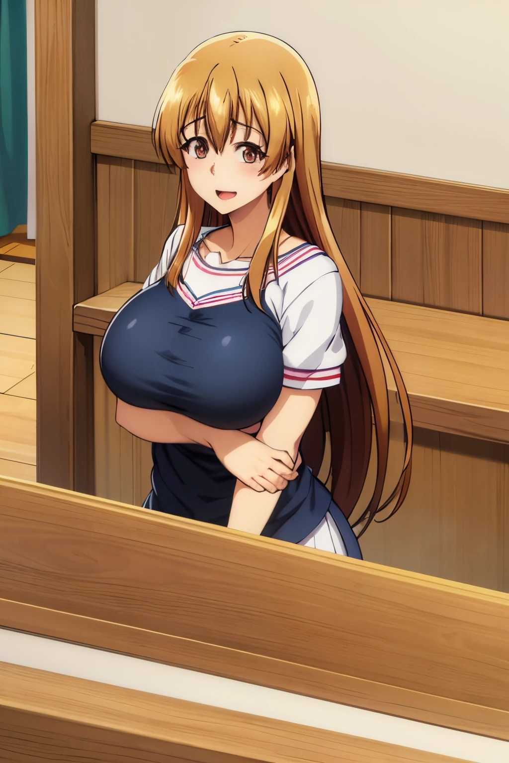 Huge tits, Busty, best quality, (masterpiece:1.2), highly detailed, 1girl, kotegawa nanaka, looking at viewer, slight smile, open mouth, brown eyes, long hair, indoor, room, bedroom, wardrobe, close up face