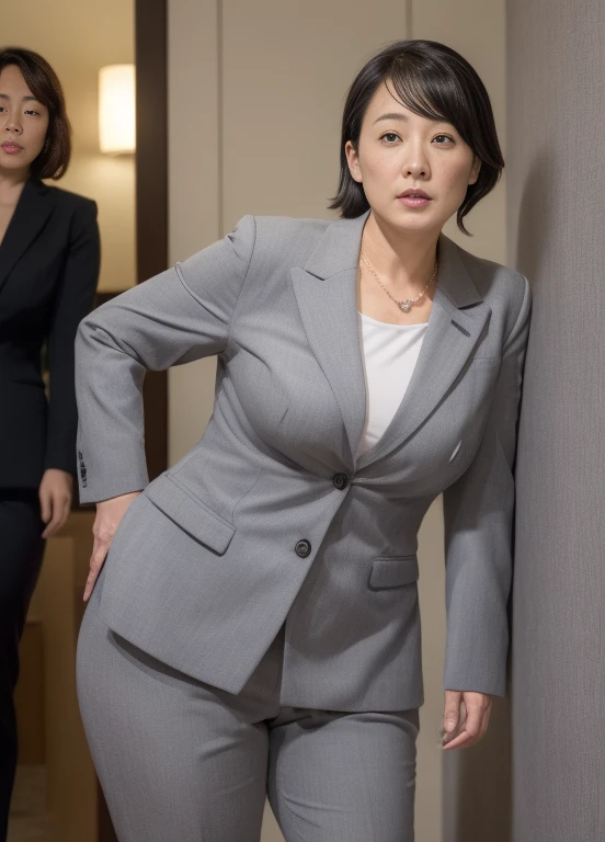 (((1 Japanese 40-year-old woman))), ((Sagging under the eyes)),(((nasolabial folds))),独奏,masutepiece, Best Quality, Photorealsitic, super detailed skin, Sharpen, Perfect Anatomy,Inside the city,Anatomy,独奏,Longhaire,((old body)), Sagging udder) (thick waist),(flabby body),(((Slender figure))),bunk butt,Serious look,Mature AV Actress, glamor, A sexy,(((Fair skin with many wrinkles))),small diamond necklace,(((Gray Office Lady Suit))),skirt by the,(Black high heels),Staring at this,