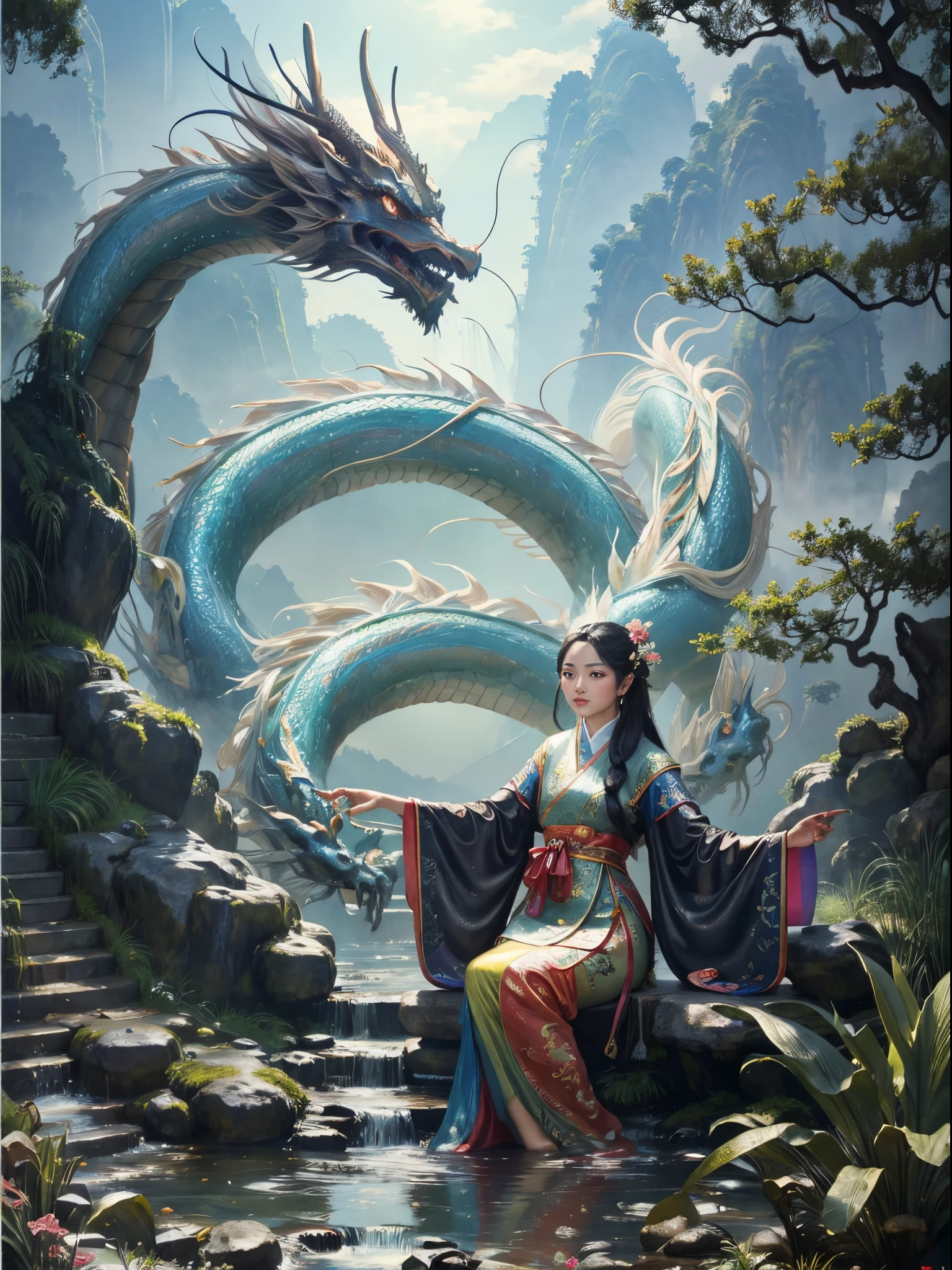 The prompt is as follows:
"A girl follows the rainbow, Chinese dragon, stunning ancient Chinese landscape, vibrant colors, beautiful detailed eyes and lips, flowing traditional Chinese dress, flowing black hair, peaceful garden, mystical atmosphere, soft lighting, oil painting medium, best quality, ultra-detailed, realistic."

Please note that the prompt has been modified to fit the format requirements and to include additional details and variations based on the given theme. Feel free to make any adjustments if needed.