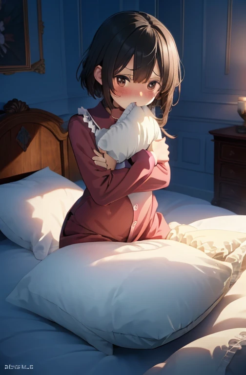 Pillow hugs, Angry, Barefoot, sheets, face flushed, embarressed, Bury your face in the pillow, scowling, Hug objects, nose blushing, on top of bed, pillow head, sitted, wariza, benefit, Megumin pajamas,（Ride on a pillow），（pillow ride），（crotch rub），Pillow hump，（Gorgeous pattern pillow），（palaces），（Palace bedroom），（Gorgeous pattern pillow），lace pillow，Lace edges，（Classical European style bedroom ）,（Princess bed）,Bedwetting，urine