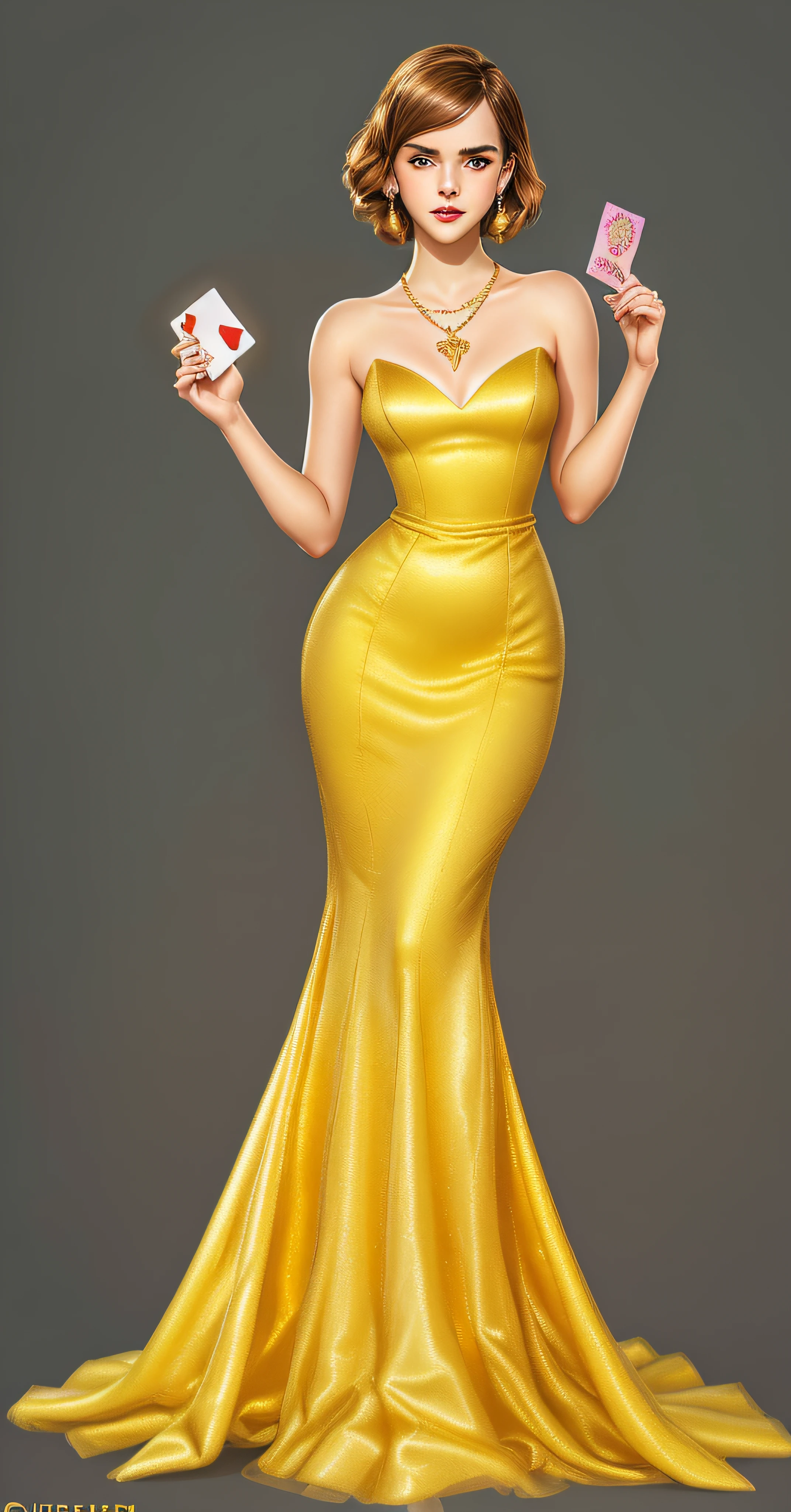 in a skirt、Fide woman holding card and necklace, Gold dress, lady wearing clothes, Wearing a gold tulle dress, digital art of an elegant, Emma Watson as Jessica Rabbit, Detailed clothing and face shapes, wearing evening gown, disney artstyle,  wearing an outfit, Elegant and charming gesture, disney artstyle