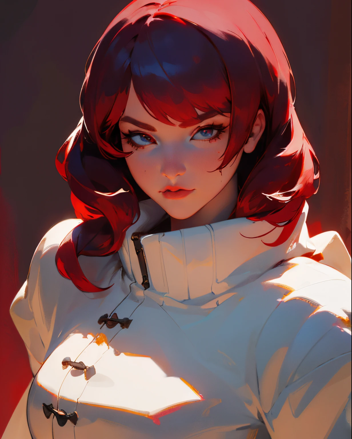 (Detailed Lights, Detailed Shadows), 1Woman, Red Hair, White Coat, ((Detailed Eyes)), Close-up, Portrait, (Black Eyetremely Detailed Clotheodern Clotheeautiful Hair, Muscular, Hair Down, Extremely Detailed Background, Beautiful Background