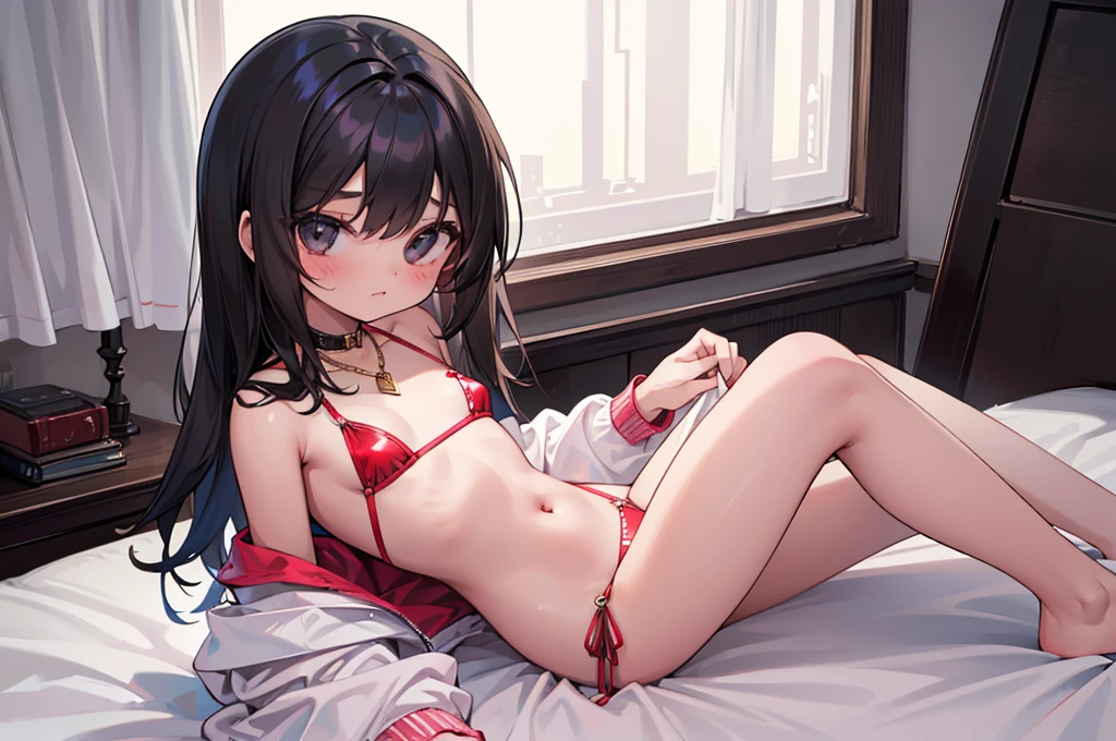 Sit on the ground,girl on bed in dark room,deadpan,4 year old ,Brown-skinned,very messy hairstyle,A dark-haired,very long black hair,Boyish girl,,morbid,Black eyes,2girl,,Open your knees and show off your crotch,full bodyesbian,sharpnes,,jewellery,,red blush,,The bikini,,,,,,,,,,,