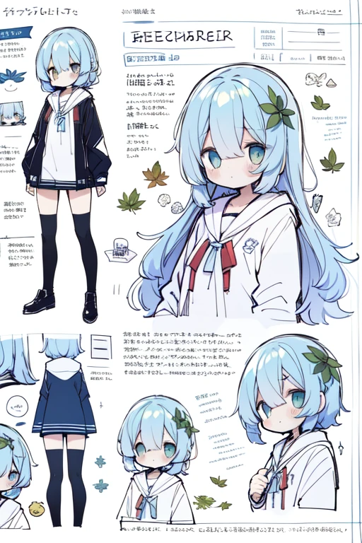 1girl in, ((Character information)、(Chara Leaf)、bright tones, Type sheet, Character Sheets, Three types,Shot Full Body,Game Character Design,