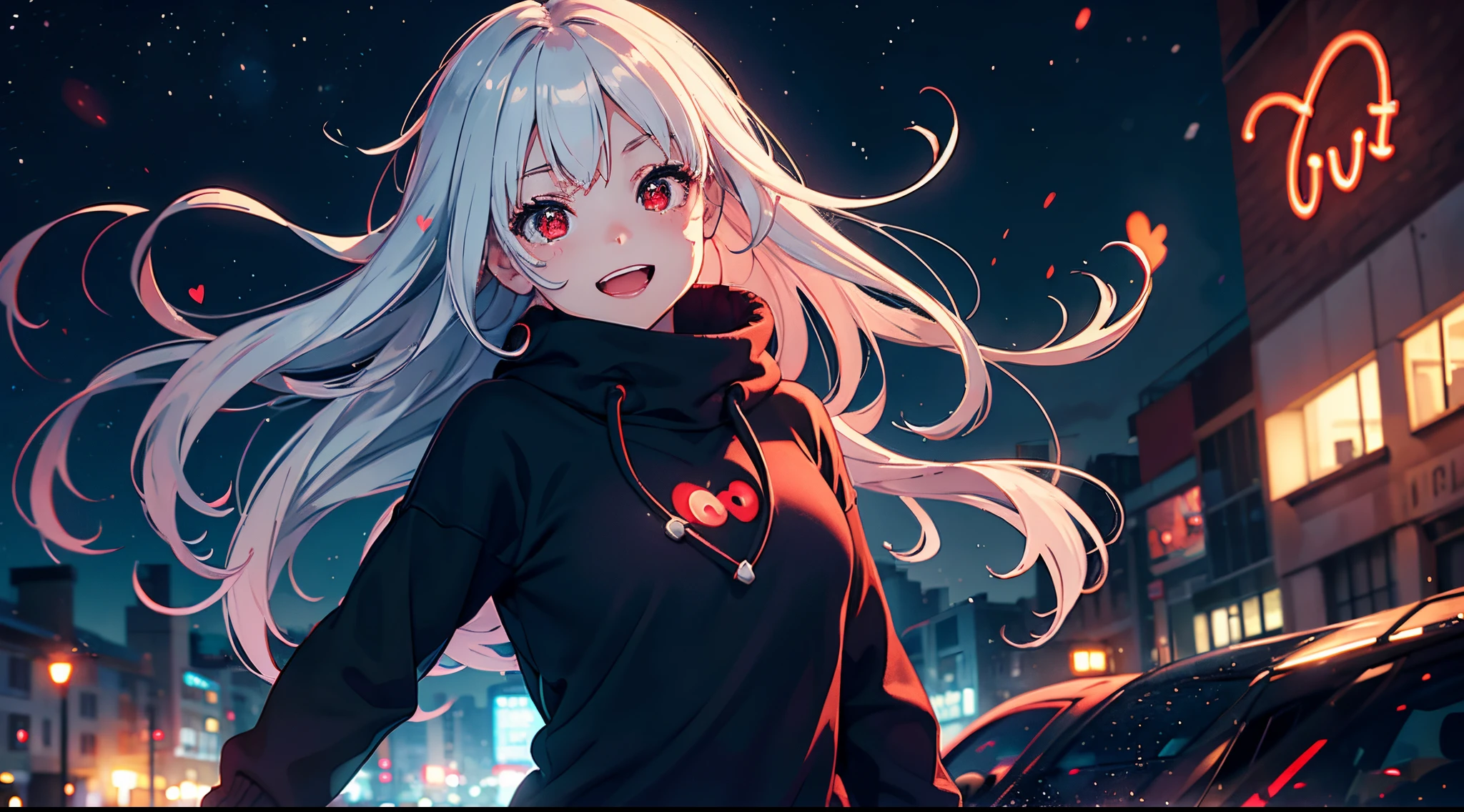 a girl, cosy sweater on, red eyes, night city, upper body, (huge Smirk:1.1), (open mouth:1.1), (wide open eyes:1.2), moon glare, bokeh, depth of field, blurry background, light particles, strong wind, (heart particles:1.1)