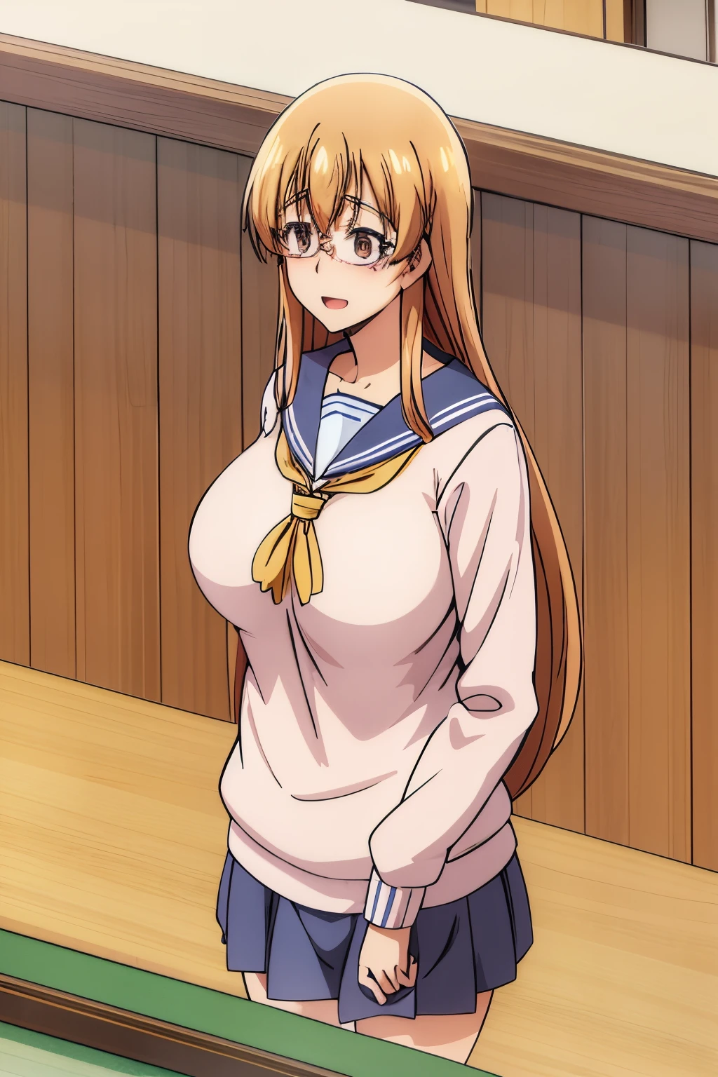 Sailor uniform,  Huge tits, Busty, best quality, (masterpiece:1.2), highly detailed, 1girl, kotegawa nanaka, looking at viewer, slight smile, open mouth, brown eyes, long hair, indoor, room, bedroom, wardrobe, close up face