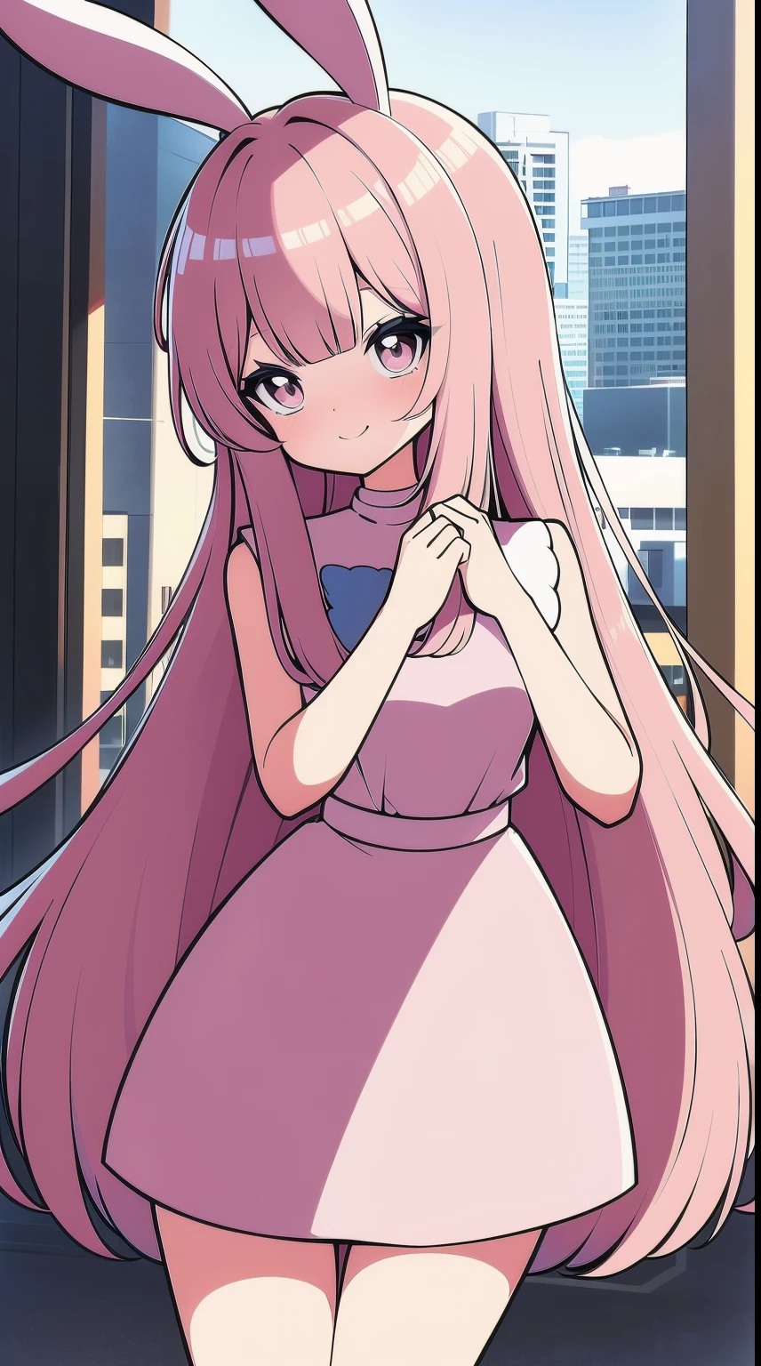 (masterpiece), best quality, (gentle smile), rabbit girl, (rabbit ears:1.2), (long pastel pink hair:1.2), (hair bangs), (hair hiding ears), (hazel eyes:1.2), (fluffy rabbit tail), (wearing modern clothing), (soft smile), city background