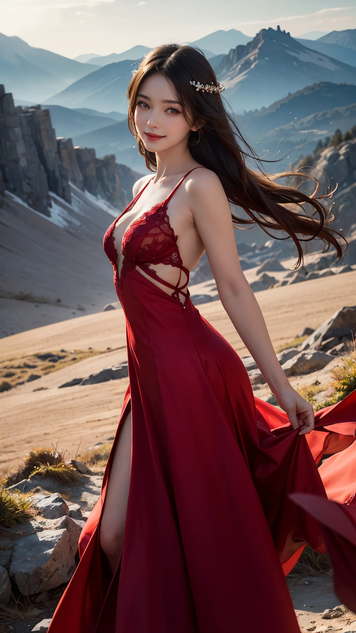 8K ultra hd, masterpiece, Best quality, 1 girl, beautiful face, cute smile, very long hair, hair ornaments, detailed eyes, small breasts, very beautiful dress, red dress, red lace, criss-cross strap dress, loops in dress, jewelry, clouds and mountain background, high resolution, Dramatic lighting, blurred foreground, attractive poses,