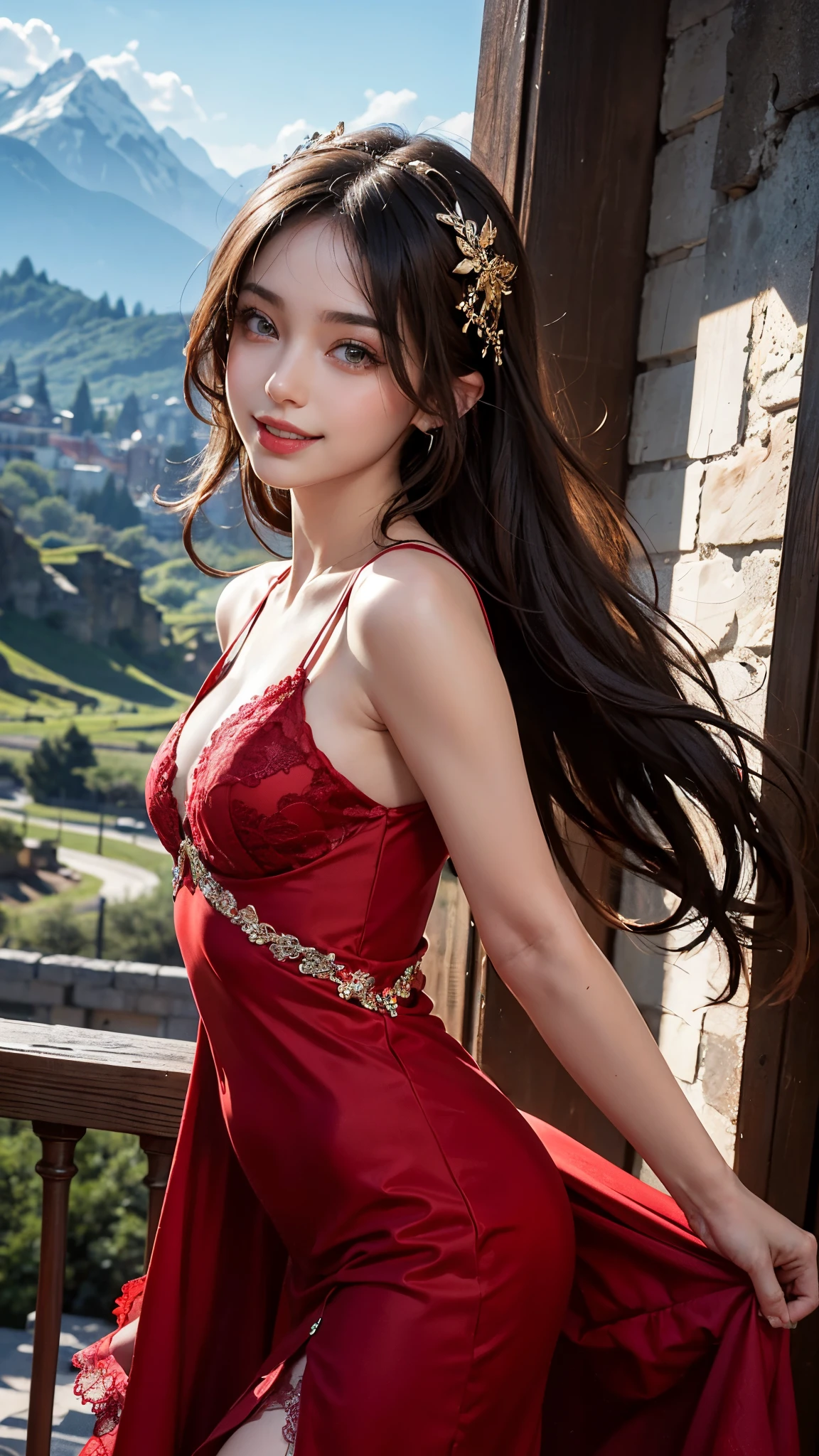 8K ultra hd, masterpiece, Best quality, 1 girl, beautiful face, cute smile, very long hair, hair ornaments, detailed eyes, small breasts, very beautiful dress, red dress, red lace, criss-cross strap dress, loops in dress, jewelry, clouds and mountain background, high resolution, Dramatic lighting, blurred foreground, attractive poses,