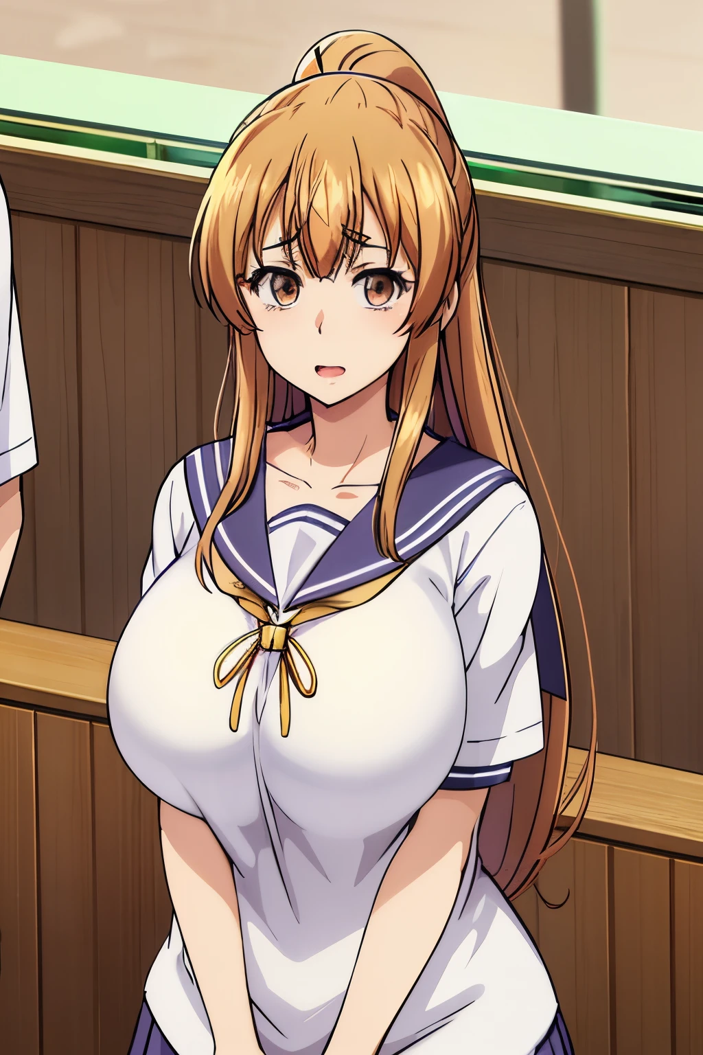 Sailor uniform,  Huge tits, Busty, best quality, (masterpiece:1.2), highly detailed, 1girl, kotegawa nanaka, looking at viewer, slight smile, open mouth, brown eyes, long hair, indoor, classroom, close up face, close up