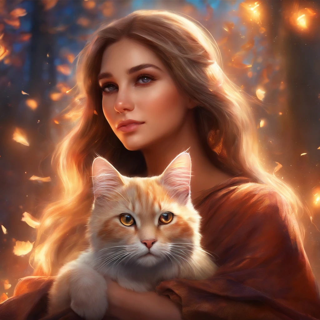 a hazel eyed cat protecting a beautiful brunette woman staring straight at camera snuggling cheeks (masterpiece: 1.5) (photorealistic: 1.1) (bokeh) (best quality) (detailed skin texture pores hair: 1.1) (intricate) (8k) (HDR) (wallpaper) (cinematic lighting) (sharp focus )