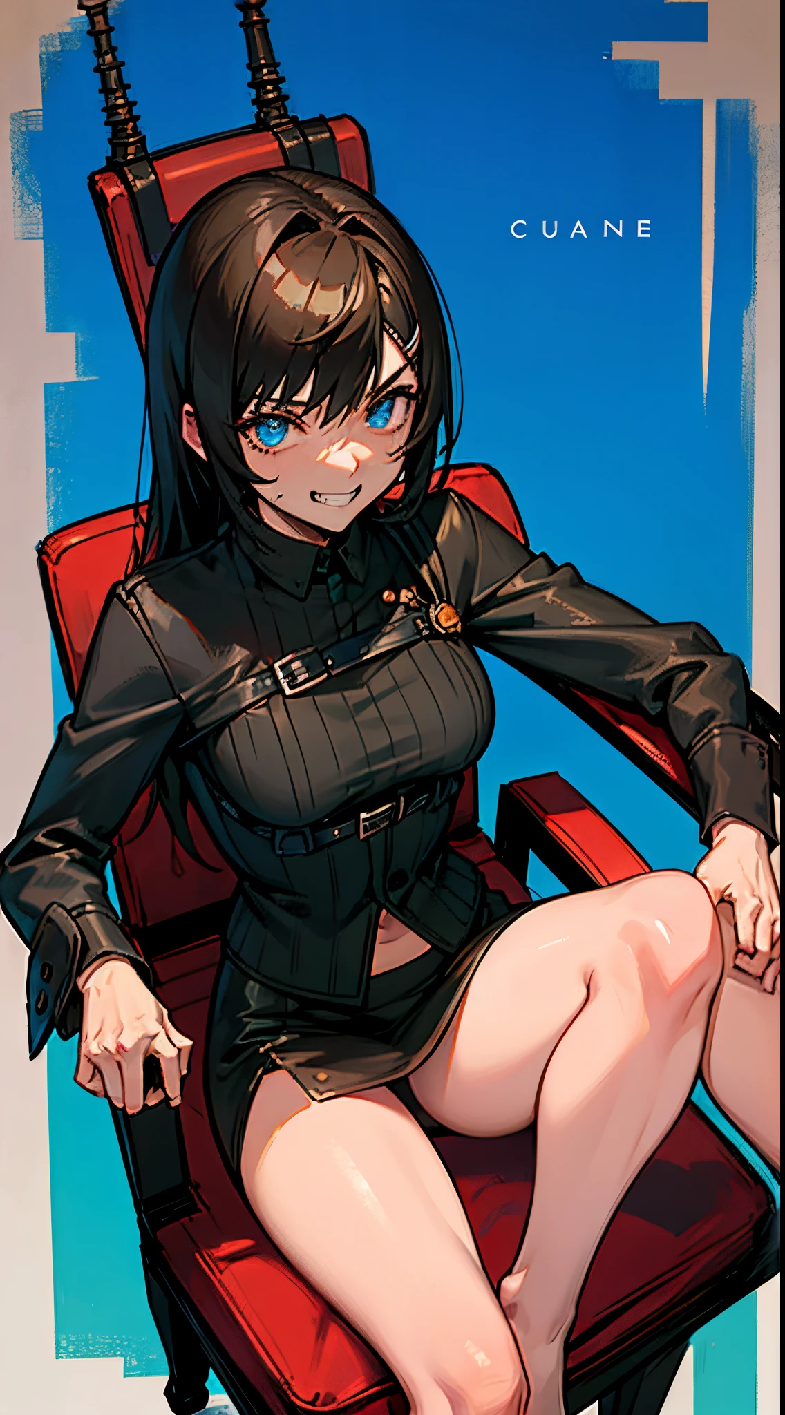 Yuffie possessed by Don Corneo, long hair, glowing blue eyes, horror scary setting, evil grin, sitting on a mafia boss chair menacingly, man-spread style sitting