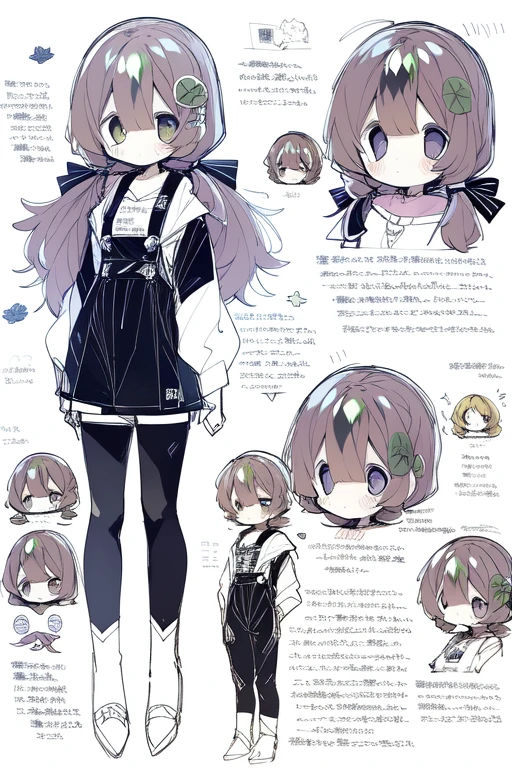1girl in, ((Character information)、(Chara Leaf)、Type sheet, Character Sheets, Three types,Shot Full Body,Game Character Design,Colorful, Bright, long hair, pony tail