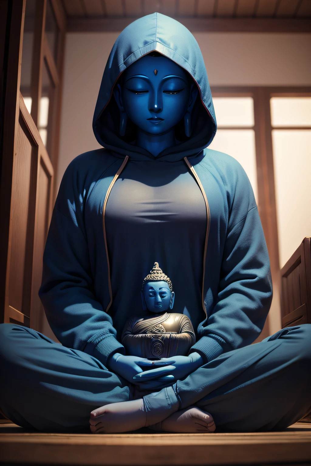 There is a blue Buddha statue facing the front and wearing a hoodie hood,Buddha, the buddha, buddhism, beautiful image,Buddha,Buddha