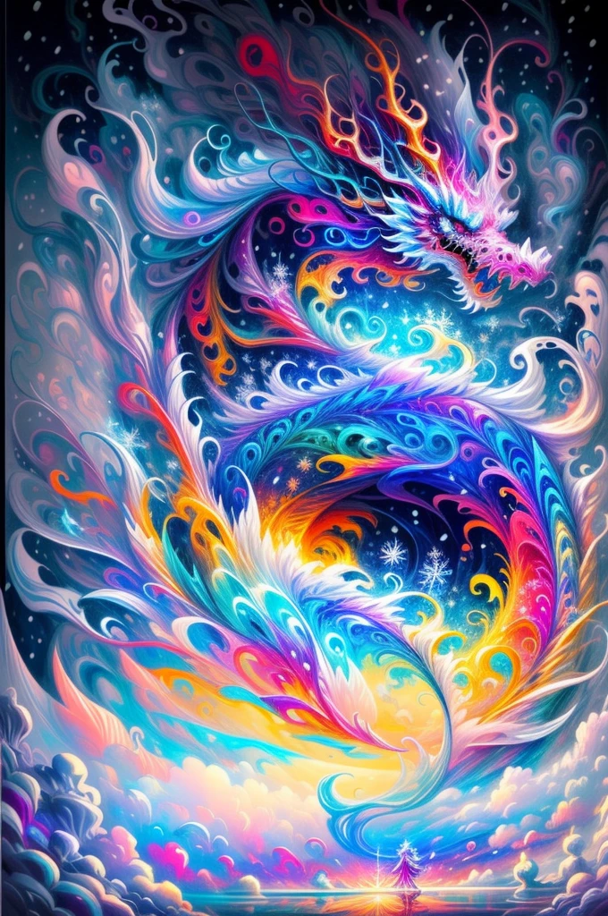 （Chinese dragon stands in front of white snow whirlpool: 1.6），((pure white snowflakes， Snowy surroundingpecting， depth of fields， insight， I got it， Monte， Snow cover, translucent cloud， spectrum， in a panoramic view， snow cycle， Crazy， portal， bigger， white light， global snowflake，The sky  full of beautiful snowflakes))，Vibrant white light color，thickline，Turbulent snowflakes with multiple layeroreground、Faraway view、fractal thunder dan mumford，danford and alex gray style，psychedelic surreal art，surreal psychedelic design，dream art style， trippy art，Infinite white snow psychedelic wave，inspired by Cyril Rolando (Cyril Rolando)，Realistic snow ripple structure，Psychedelic snow art style，trippy art，psychedelic illustrations，(Alone)，(RGB color，Ultra-high saturation), rays of black light, dragon