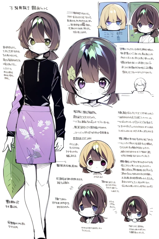 1girl in, ((Character information)、(Chara Leaf)、Type sheet, Character Sheets, Three types,Shot Full Body,Game Character Design,Colorful, Bright, Long hair, pony tail