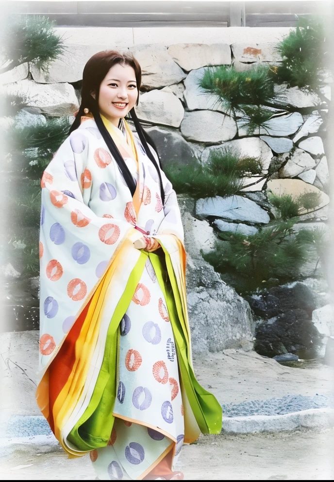 An arafe woman wearing a kimono standing in front of a stone wall, wearing a noblewoman's outfit, traditional japanese, Inspired by Shin Saimdang, Traditional clothing, wearing royal kimono, wearing a haori, A Japanese Lady, ehime, traditional geisha clothing, Traditional dress, traditional clothes, traditional japanese colors, Traditional beauty, from sengoku period
