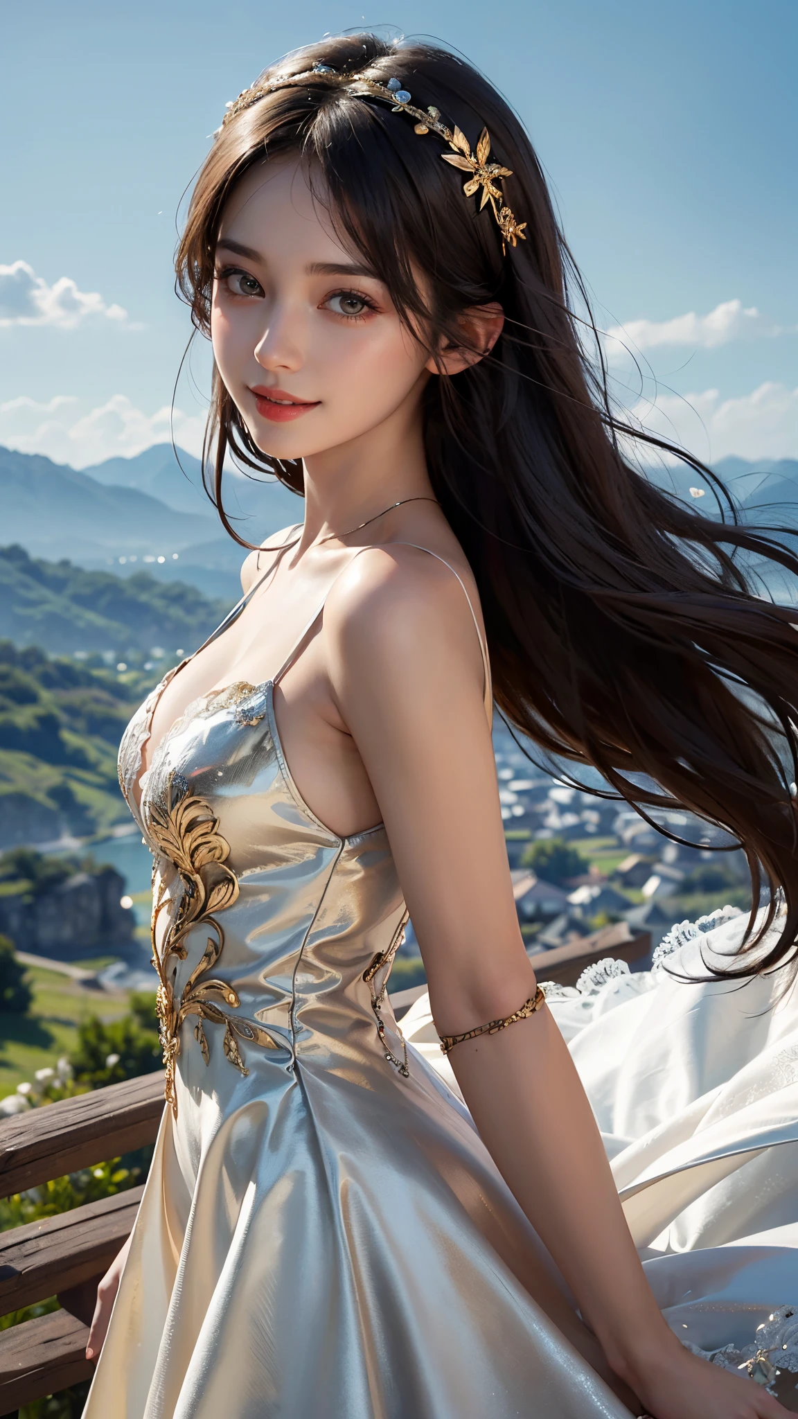 8K ultra hd, masterpiece, Best quality, 1 girl, beautiful face, cute smile, very long hair, hair ornaments, detailed eyes, small breasts, very beautiful dress, golden dress, silver lace, criss-cross strap dress, loops in dress, jewelry, clouds and mountain background, high resolution, Dramatic lighting, blurred foreground, attractive poses,