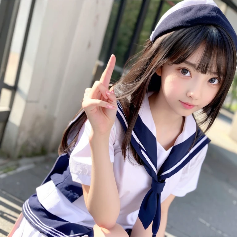 girl, middle way hair, Cute face, Pink eyes, Small breasts, Sailor Suite (Sailor Suite), Above knee height, finger_gunshot