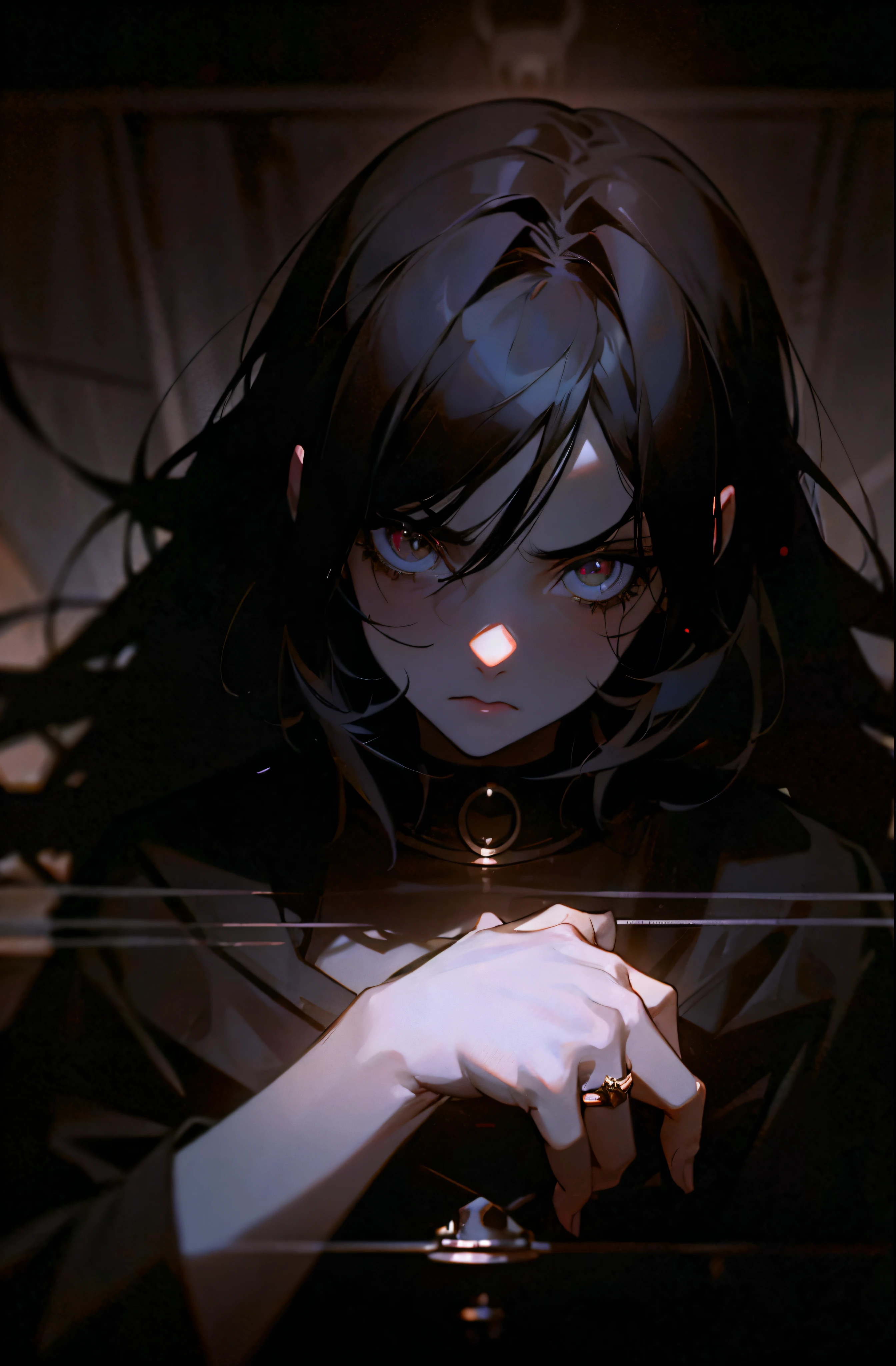 Dramatic lighting, dark colors and atmosphere, gloomy anime girl portait, Kubrick Stare at camera, ring lights