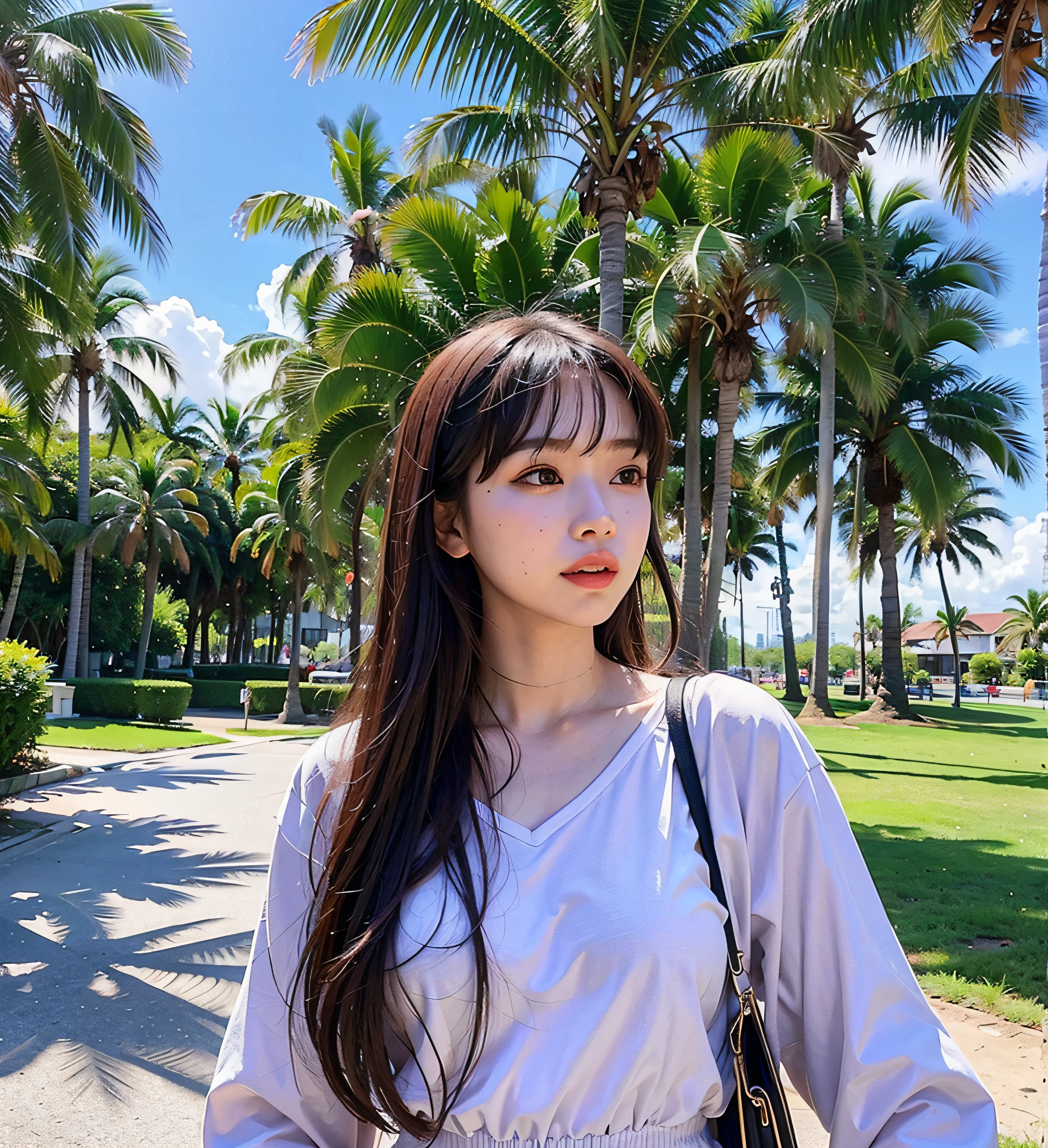 there a woman standing in a park with palm trees, mai anh tran, my linh, ruan cute vtuber, with long hair, on a sunny day, nivanh chanthara, anime thai girl, asian girl with long hair, jossi of blackpink, with a park in the background, at a park, phong shaded