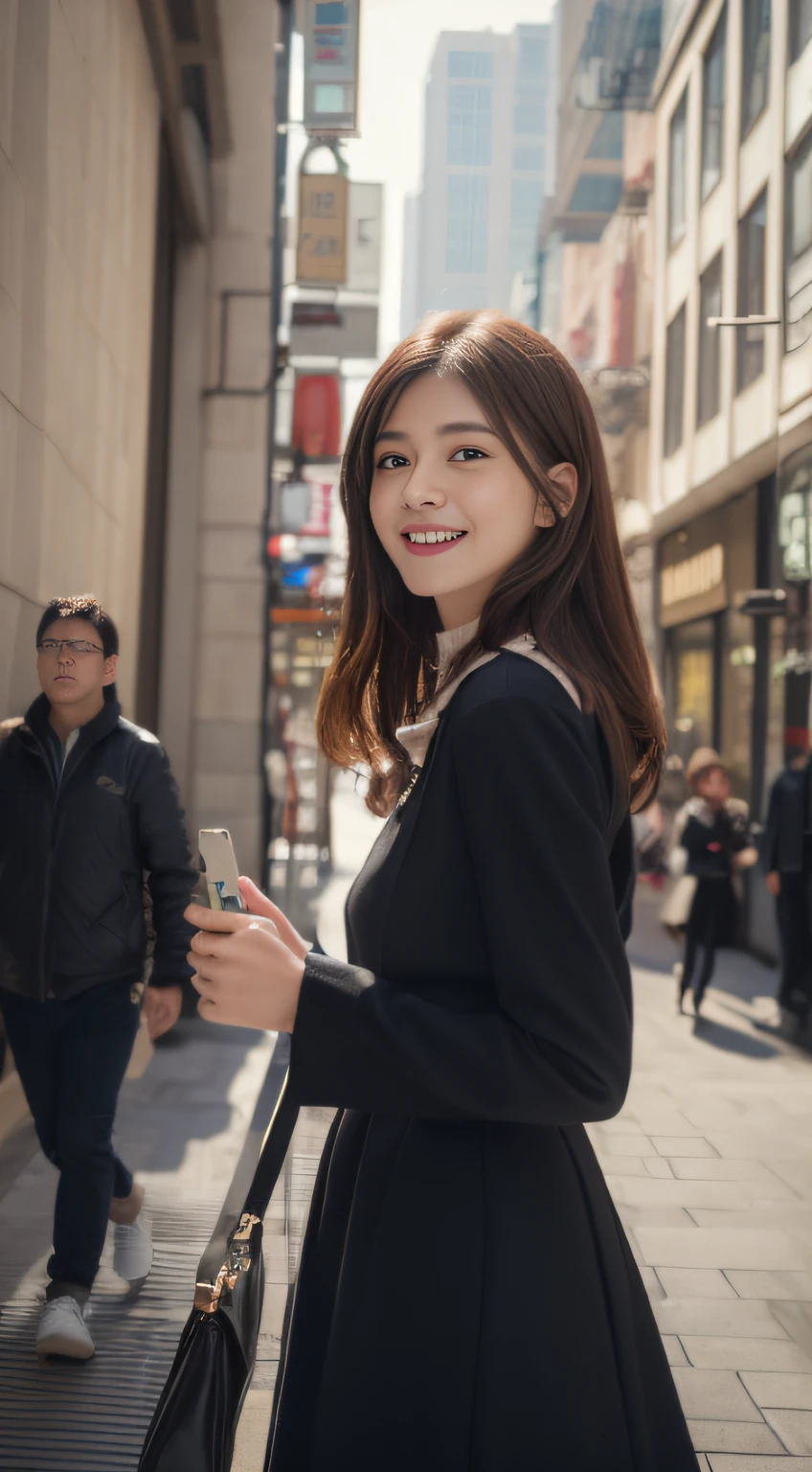 ((Best quality, 8k, Masterpiece :1.3)), 1girl, smiling, full body, slim face, Pretty woman, (Dark brown hair) : Ultra-detailed face, Detailed eyes, Double eyelid, slim face, a photorealistic 8k depiction of a 21-year-old girl in an midi dress , captured in a cinematic composition with Unreal Engine. The scene, walking in the street and took a selfie, in a 3:4 aspect ratio, features hyper-detailed, beautifully color-graded visuals, showcasing intricate details and dynamic poses. reflections for an elegant, hyper-realistic portrayal.