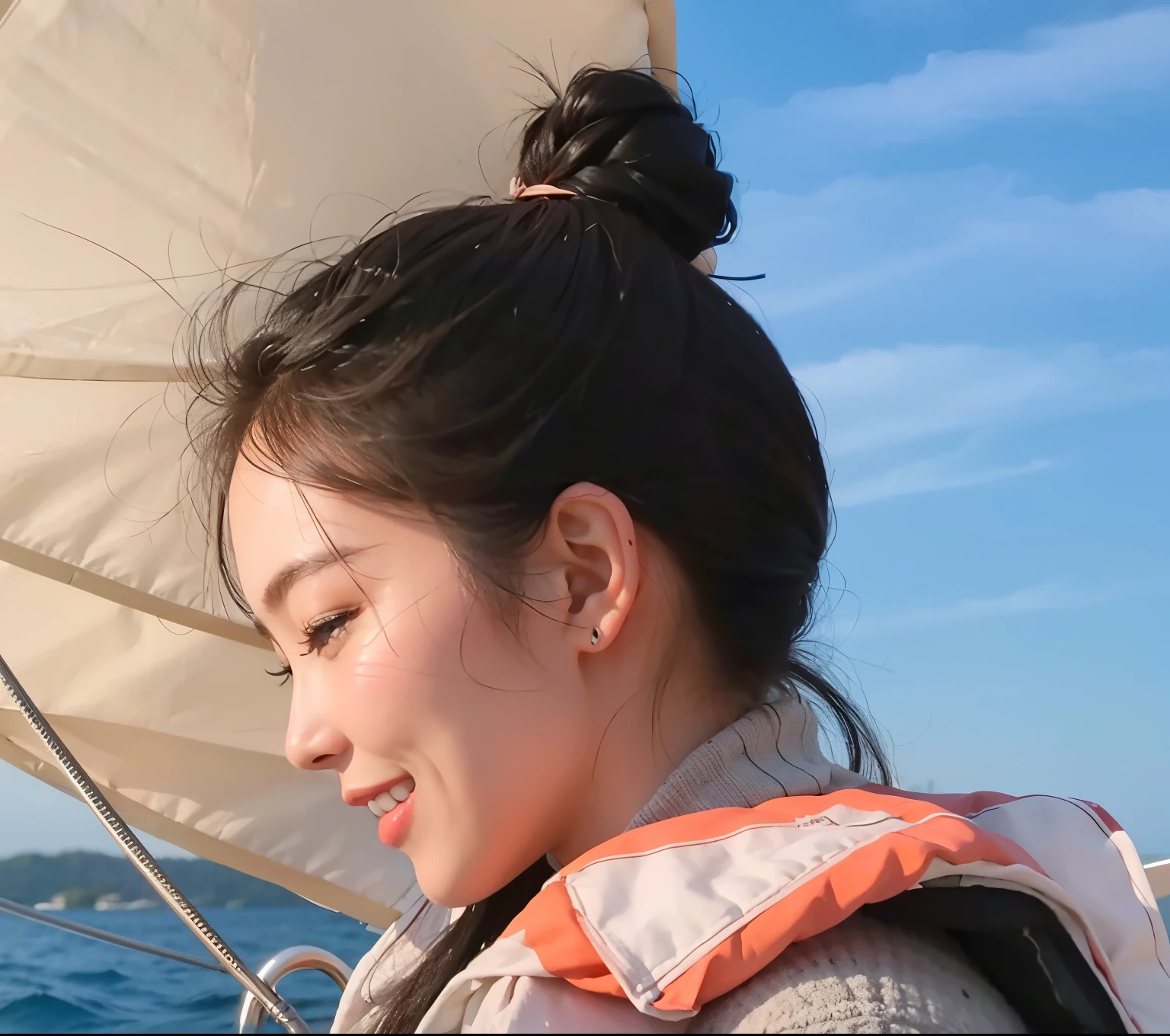 there a woman that on a boat in the water, Lateral face,Beutiful women,grin。