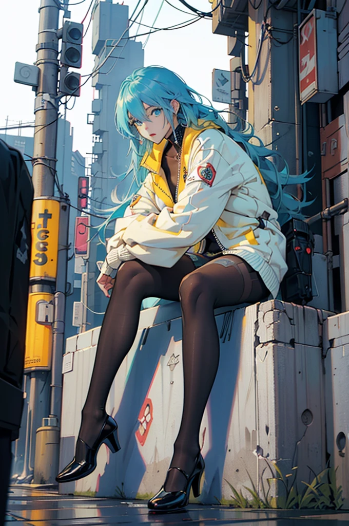 Round image,(masutepiece:1.3), (best qualtiy:1.2), (An ultra-fine illustrations:1.2), (masutepiece), High quality, high detailing,(Solo:1.4),((Round image)),[(White background:1.1)::5],[(Cyberpunk:1):5],[(Game Character Portrait:1.2):5], {1 girl},{Solo},(((Full body))),{{{only five fingers}}},((yellow))The long-haired((Yellow and (Wiz)),Long hair,Whole body, pantyhose,look at viewr,, aqua eyes, Cyberpunk,sitting on、In the street