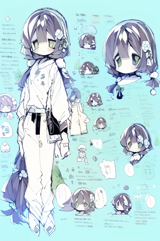 1girl in, ((Character information)、(Chara Leaf)、Type sheet, Character Sheets, Three types，Shot Full Body，Game Character Design，Colorful, Bright, Long hair, pony tail