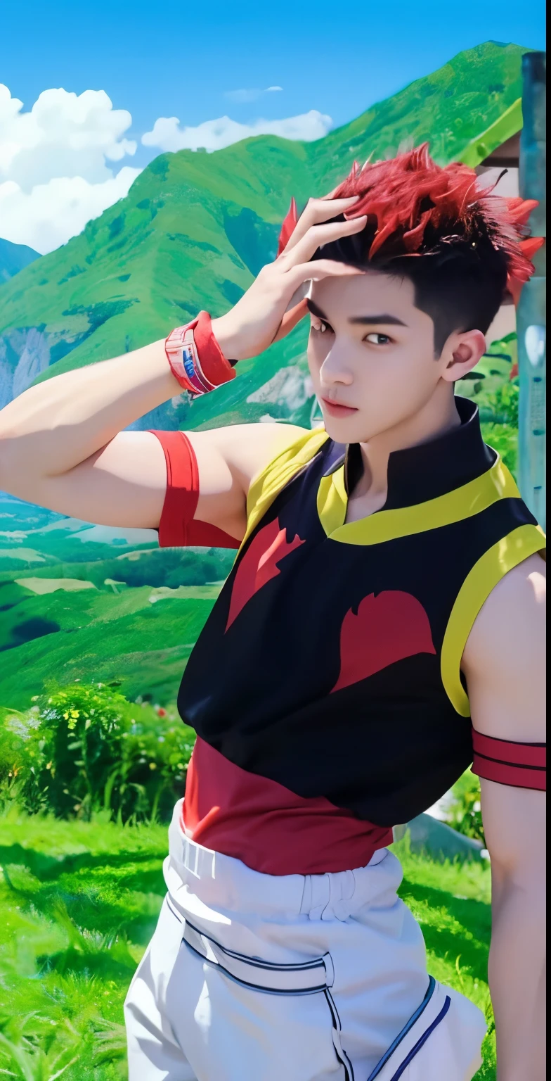 Real life adaption of this character , handsome boy , realistic same spiky hair , (realistic same outfit),realistic scenery background , realistic light, realistic shadow, realism, hyper realistic,(photorealistic:1.2), normal small eyes,