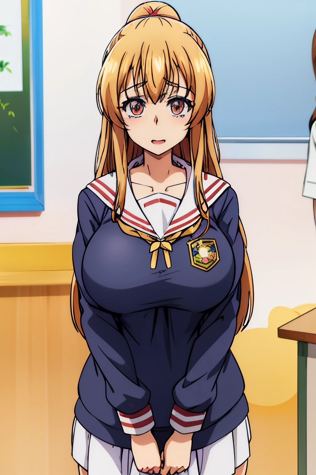 Sailor uniform,  Huge tits, Busty, best quality, (masterpiece:1.2), highly detailed, 1girl, kotegawa nanaka, looking at viewer, slight smile, open mouth, brown eyes, long hair, indoor, classroom, close up face, close up