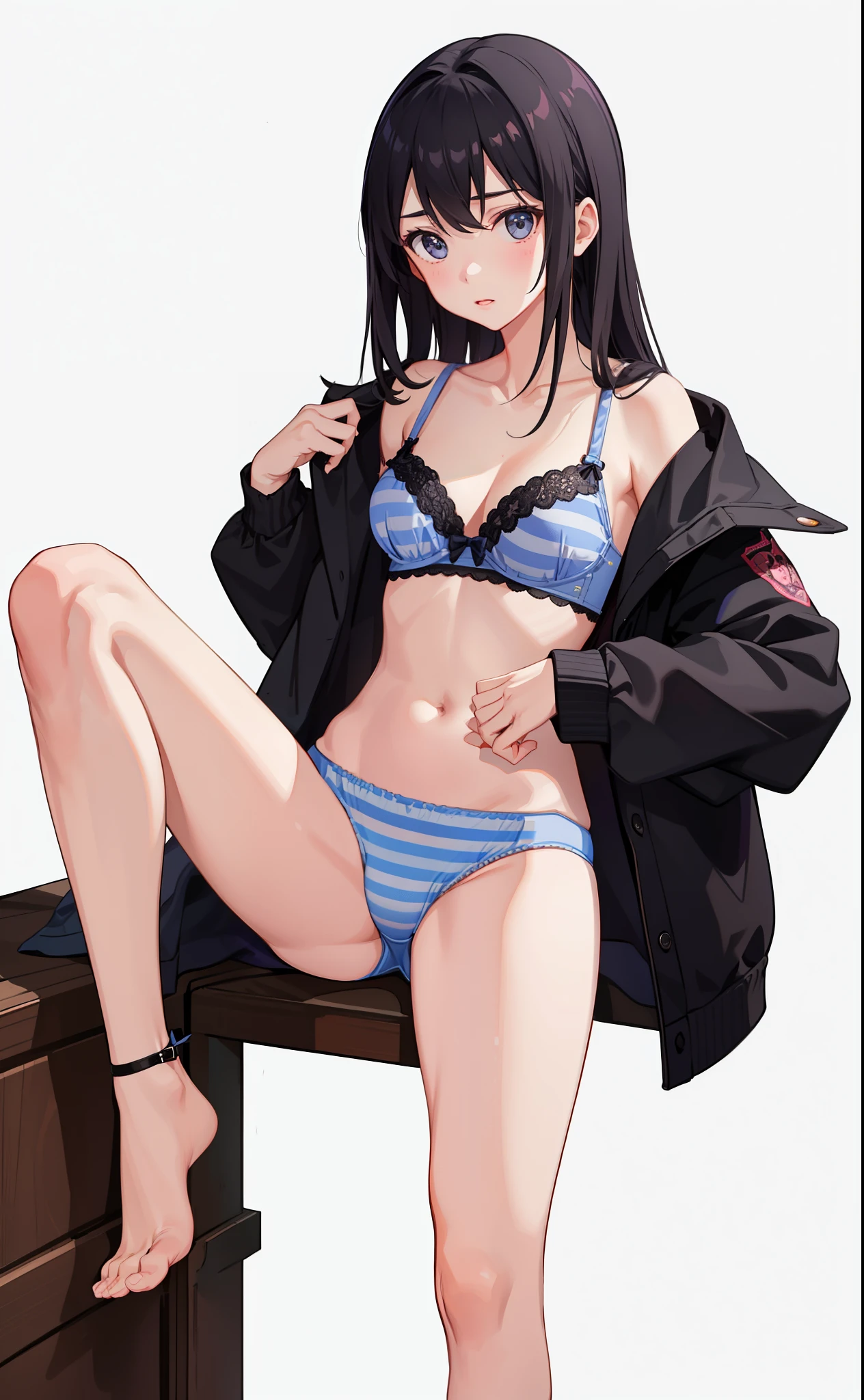 1girl in、As-、Underwear、Cute underwear、Striped、（Portrait from the knee up）、