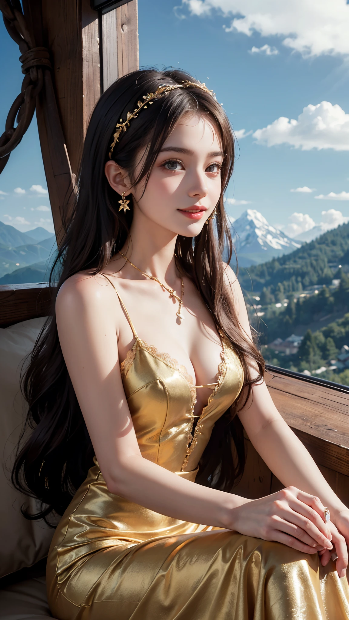 8K ultra hd, masterpiece, Best quality, 1 girl, beautiful face, cute smile, very long hair, hair ornaments, detailed eyes, small breasts, very beautiful dress, golden dress, golden lace, criss-cross strap dress, loops in dress, jewelry, clouds and mountain background, high resolution, Dramatic lighting, blurred foreground, sitting,