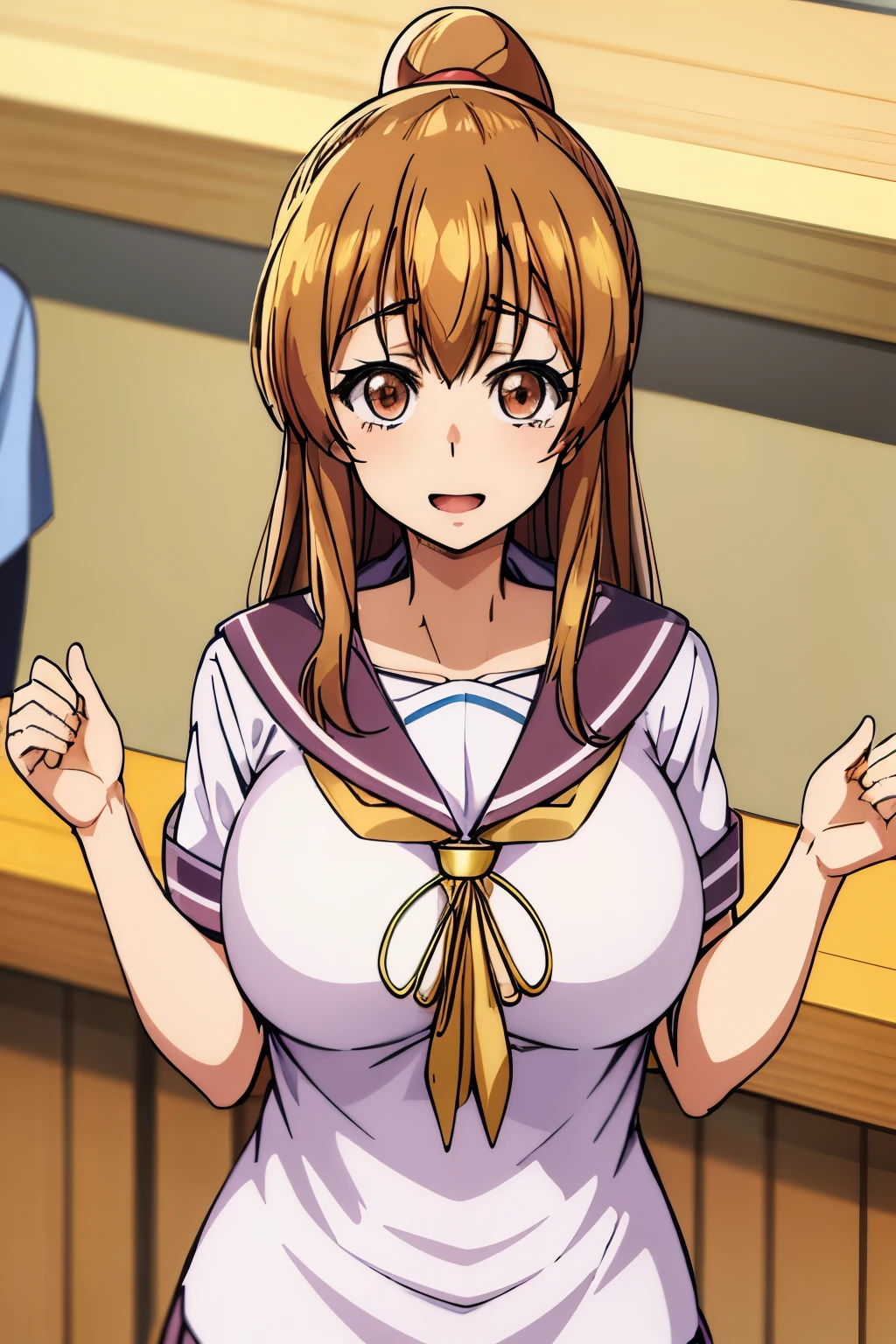 Sailor uniform,  Huge tits, Busty, best quality, (masterpiece:1.2), highly detailed, 1girl, kotegawa nanaka, looking at viewer, slight smile, open mouth, brown eyes, long hair, indoor, classroom, close up face, close up