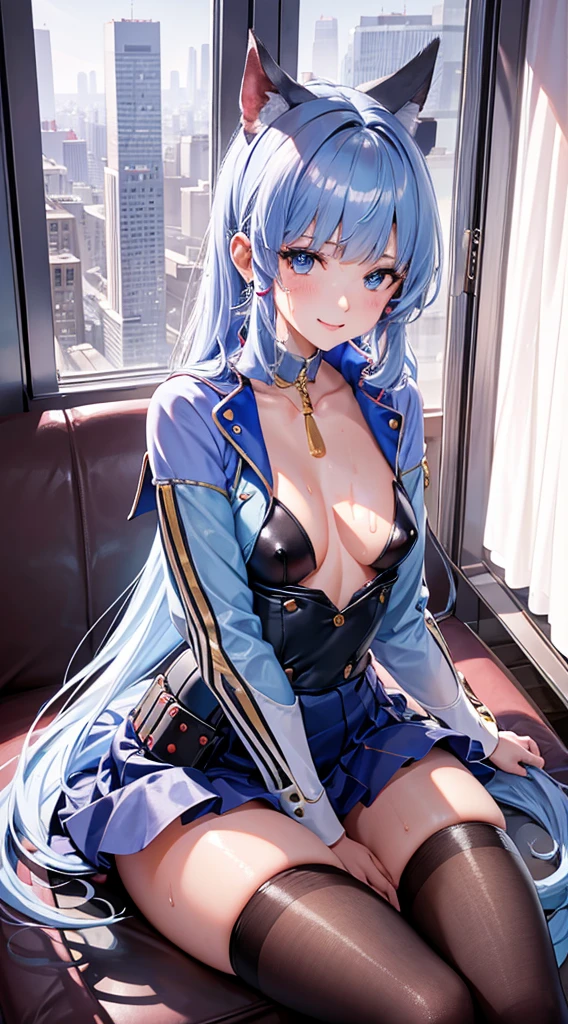 Character Details:, - Gender: 1 Girl.
- Style: Anime, - Body Type: Attractive body, slim body, nice legs, slim tights, nice arms, nice shoulders. - Breast: ((Small Breast:1,5)), Cleavage, ((Nipple Slip :1.4)).
- Facial Features: Beautiful, Gorgeous, ager, Fresh, Young.
- Expression: Open Smile, Horny, Pink Blush on Face, Sexy Eyes, Sexy Look, ((Sweating:1.2)), Innocent Look, Tipsy. - Hairstyle: Blunt Bangs, Long Hair. - Hair Color: Light Blue Hair.
- Clothing: ((Dress)). - Body Pose: (Sitting). - Behaviour: Waiting, Want Something, Secretly.
- Accessories: Earrings., Environmental Details:, - Setting: Office Room., - Lighting: Natural Light., - Decoration: Modern Office Desk, Chair, Window, White Curtain, City View. Top view. pov, anime style, UHD, retina, masterpiece, accurate, anatomically correct, textured.