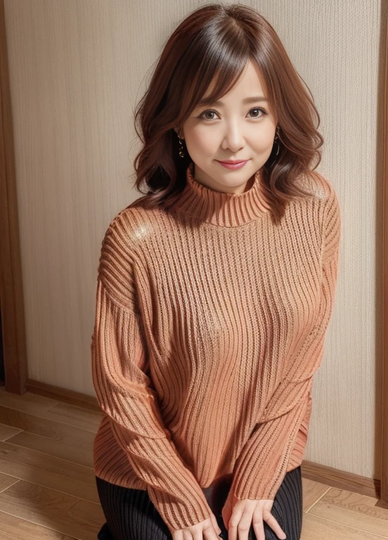 masutepiece,Best Quality, (Mature woman alone), ((Portrait:1.5)), ((Look down, Looking at the viewer)), makeup, (((Tunic sweater))),skirt by the, Wavy Hair, ((Seduction expression, Smile:0.3)),