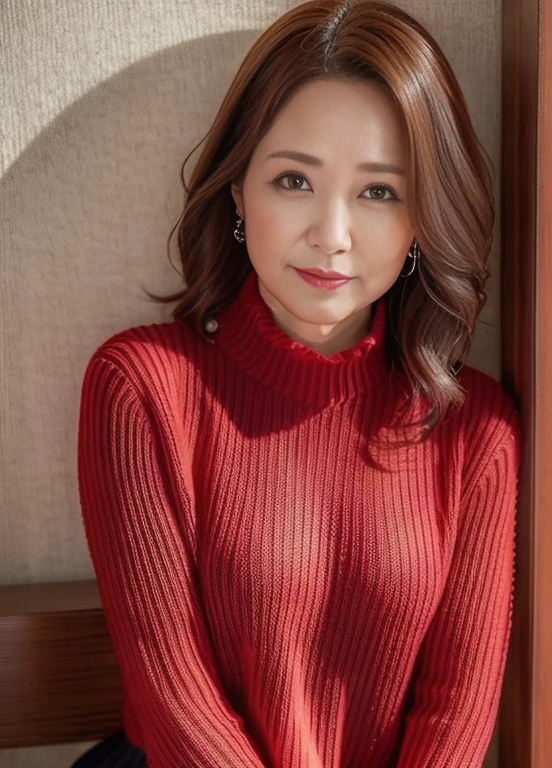 masutepiece,Best Quality, (Mature woman alone), ((Portrait:1.5)), ((Look down, Looking at the viewer)), makeup, (((Tunic sweater))),skirt by the, Wavy Hair, ((Seduction expression, Smile:0.3)),