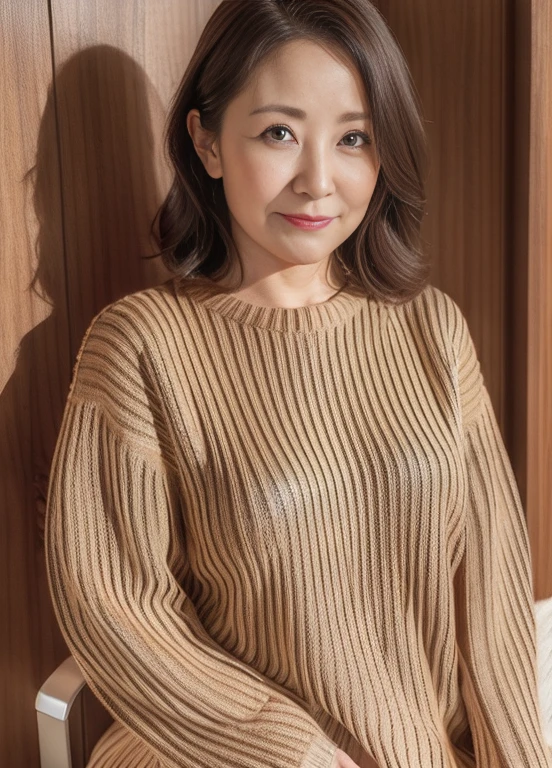 masutepiece,Best Quality, (Mature woman alone), ((Portrait:1.5)), ((Look down, Looking at the viewer)), makeup, (((Tunic sweater))),skirt by the, Wavy Hair, ((Seduction expression, Smile:0.3)),