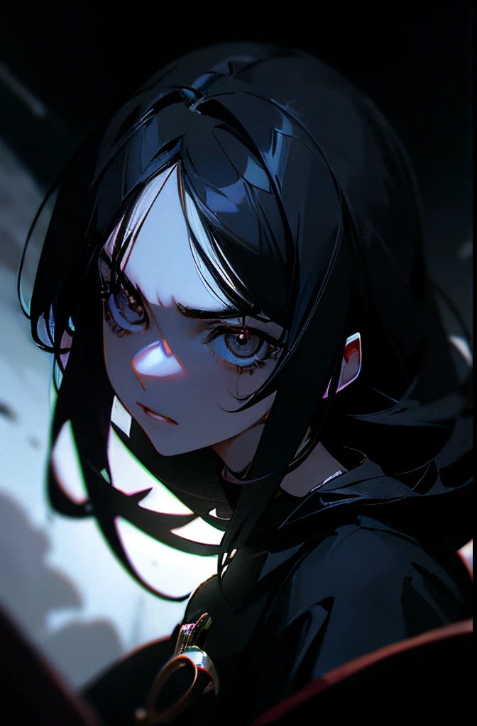 Dramatic lighting, dramatic pose, gleam, dark colors and atmosphere, gloomy anime girl, Kubrick Stare at camera, ring lights
