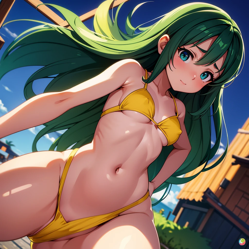 Anime girl Lum in her mini bikini composed of tiny yellow mini panties and a top that only covers the nipples, pelo largo verde, tetas grandes y pezones erectos, de pie frente a la camara con las manos estirando la braguita para que se abra, Ilustraciones de estilo Guviz, Anime Art Wallpaper 4k, de noche en una calle de edificios tradicionales japoneses