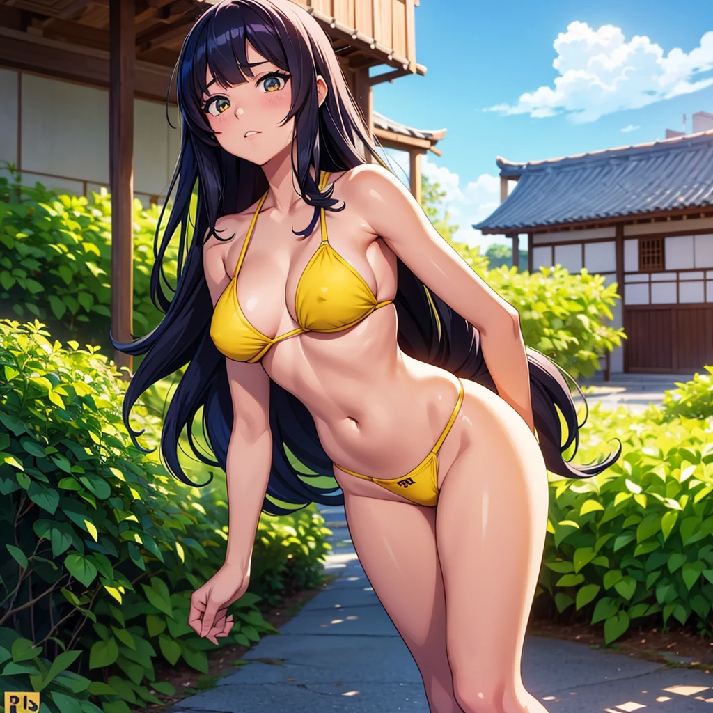 Anime girl Lum in her mini bikini composed of tiny yellow mini panties and a top that only covers the nipples, pelo largo verde, tetas grandes y pezones erectos, de pie frente a la camara con las manos estirando la braguita para que se abra, Ilustraciones de estilo Guviz, Anime Art Wallpaper 4k, de noche en una calle de edificios tradicionales japoneses