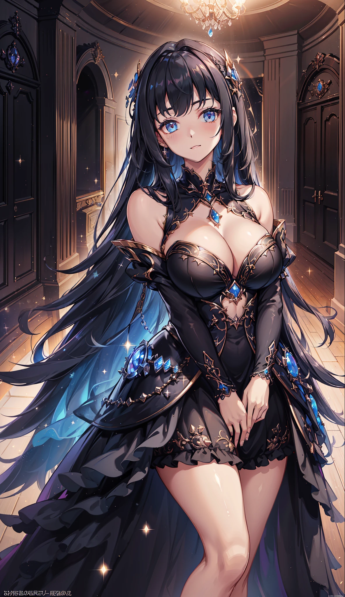 1 girl, (((ultra - detailed))), ((tmasterpiece)), ((Lighting)) , starlights, Black gorgeous dress, Curvy woman, veils, sliver long hair, Fair skin, The mysterious atmosphere of stars in the night sky, chest circumference, view the viewer,planetarium,Re-apply eyeliner, Beautiful cute eyes